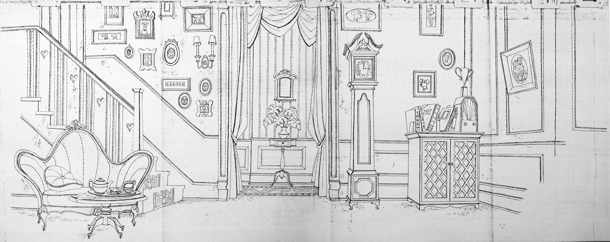 Line Drawing in perspective by disney for 101 dalmations