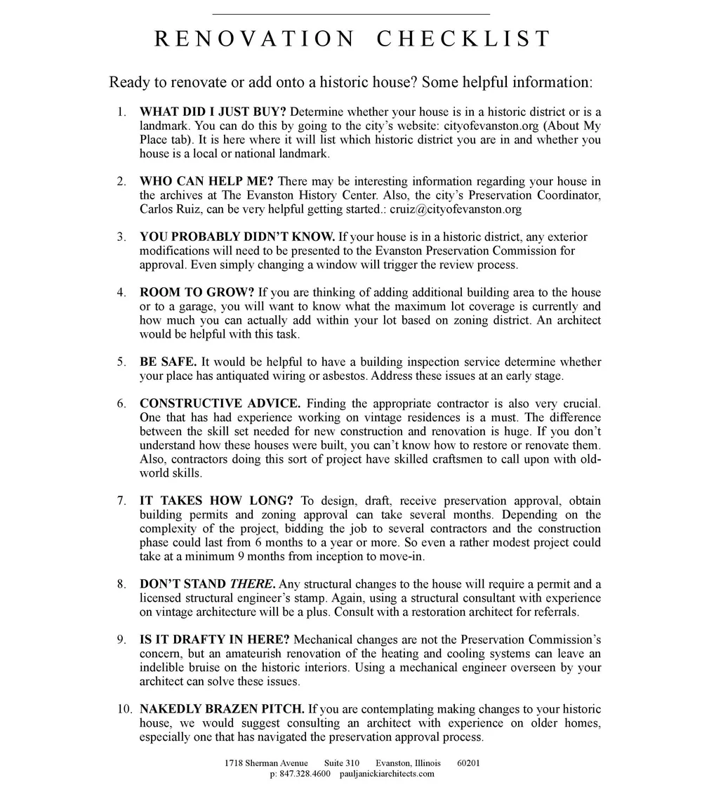 Post Renovation Checklist.pdf Renovation Checklist | Paul Janicki Architects | Evanston Architects ...