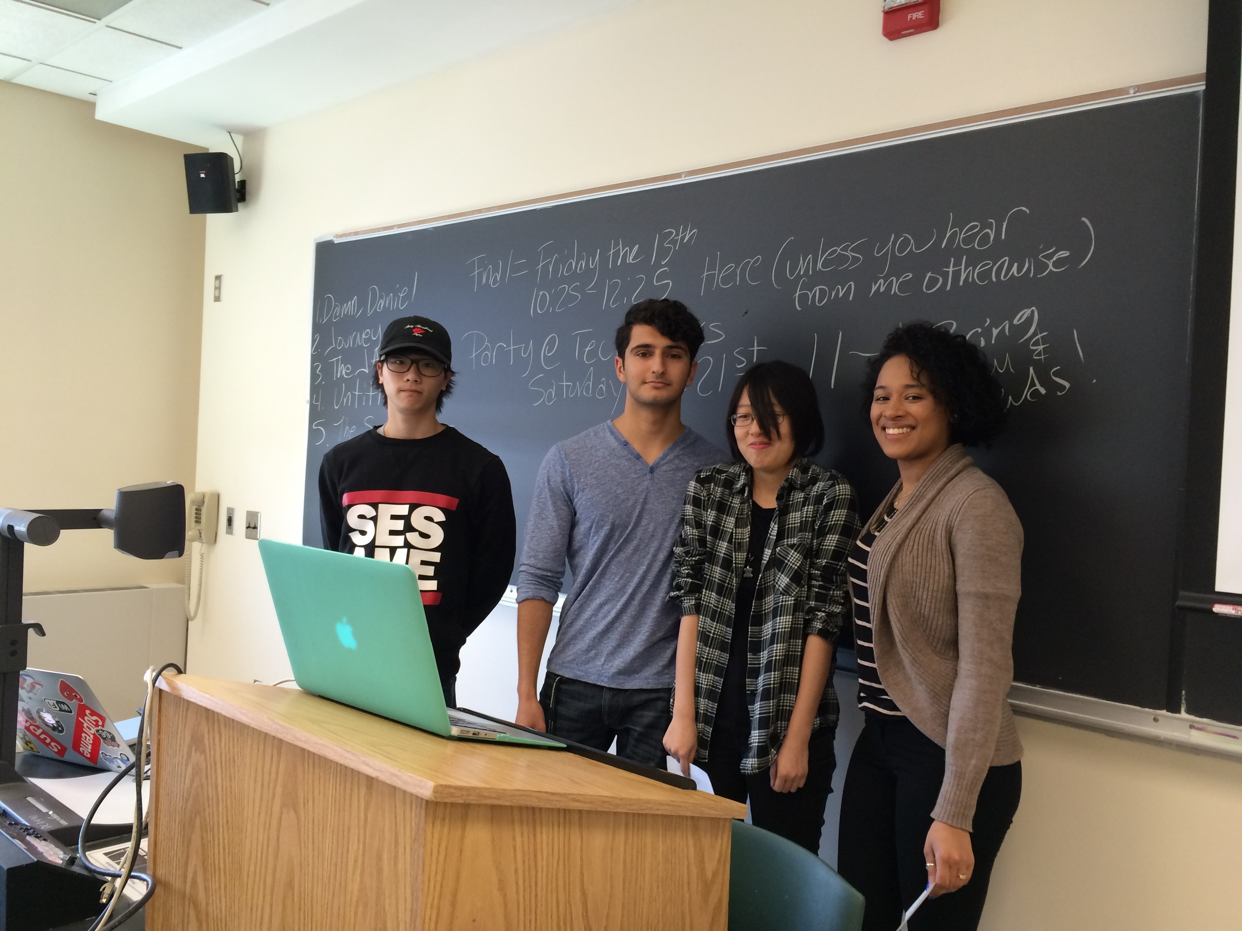Designers of this Aural Postcard Presenting on their Research (L-R): Lucas You, Samuel Abaev, Kathy He, and Rosemary Espinal