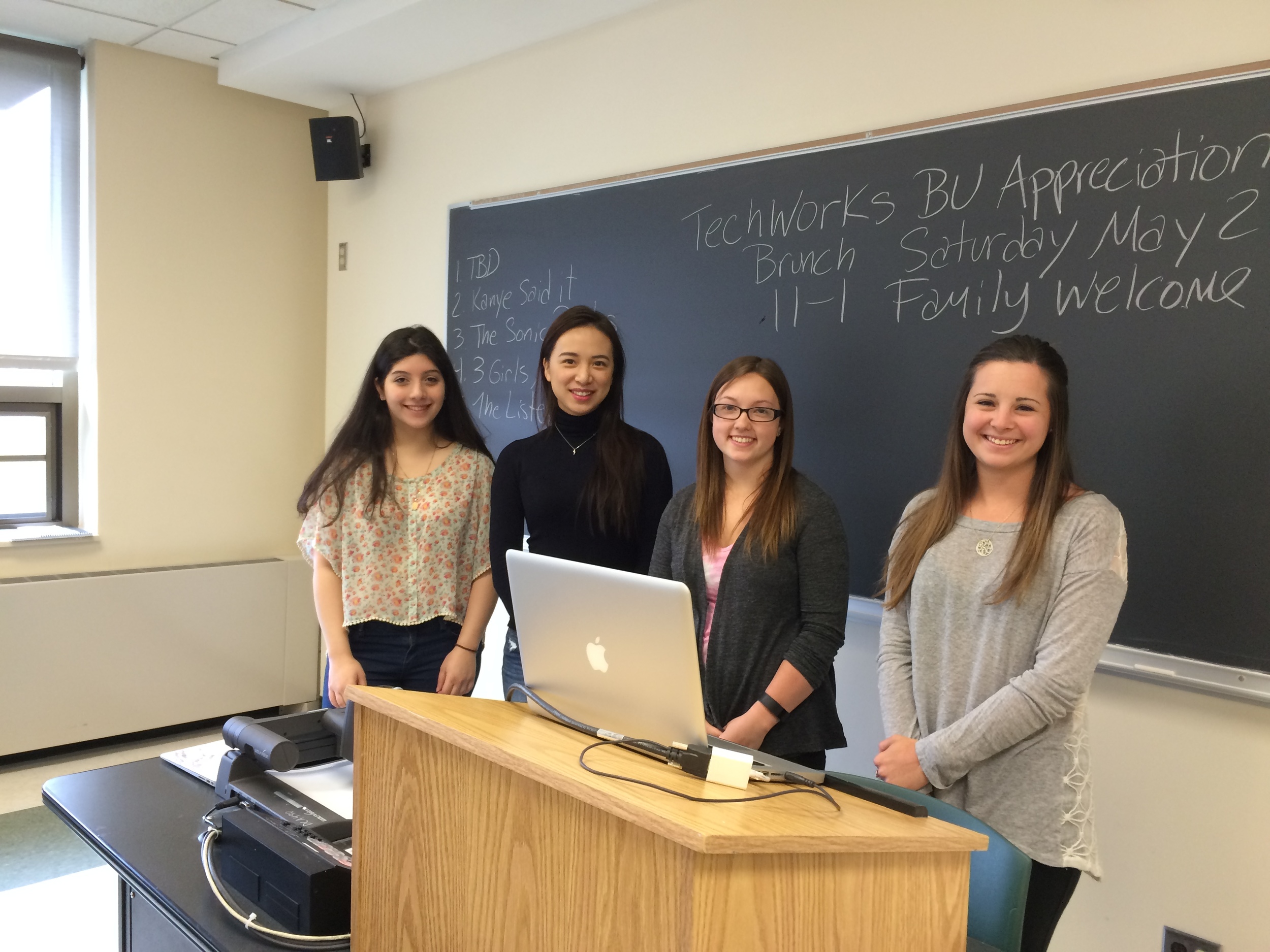 Creators of this Aural Postcard sharing their research on the Link Flight Simulator (l-r) Sahar PAKRAVAN, CHIH-YIN LIU, KATIE BROWN, and Jackie Sharlach 