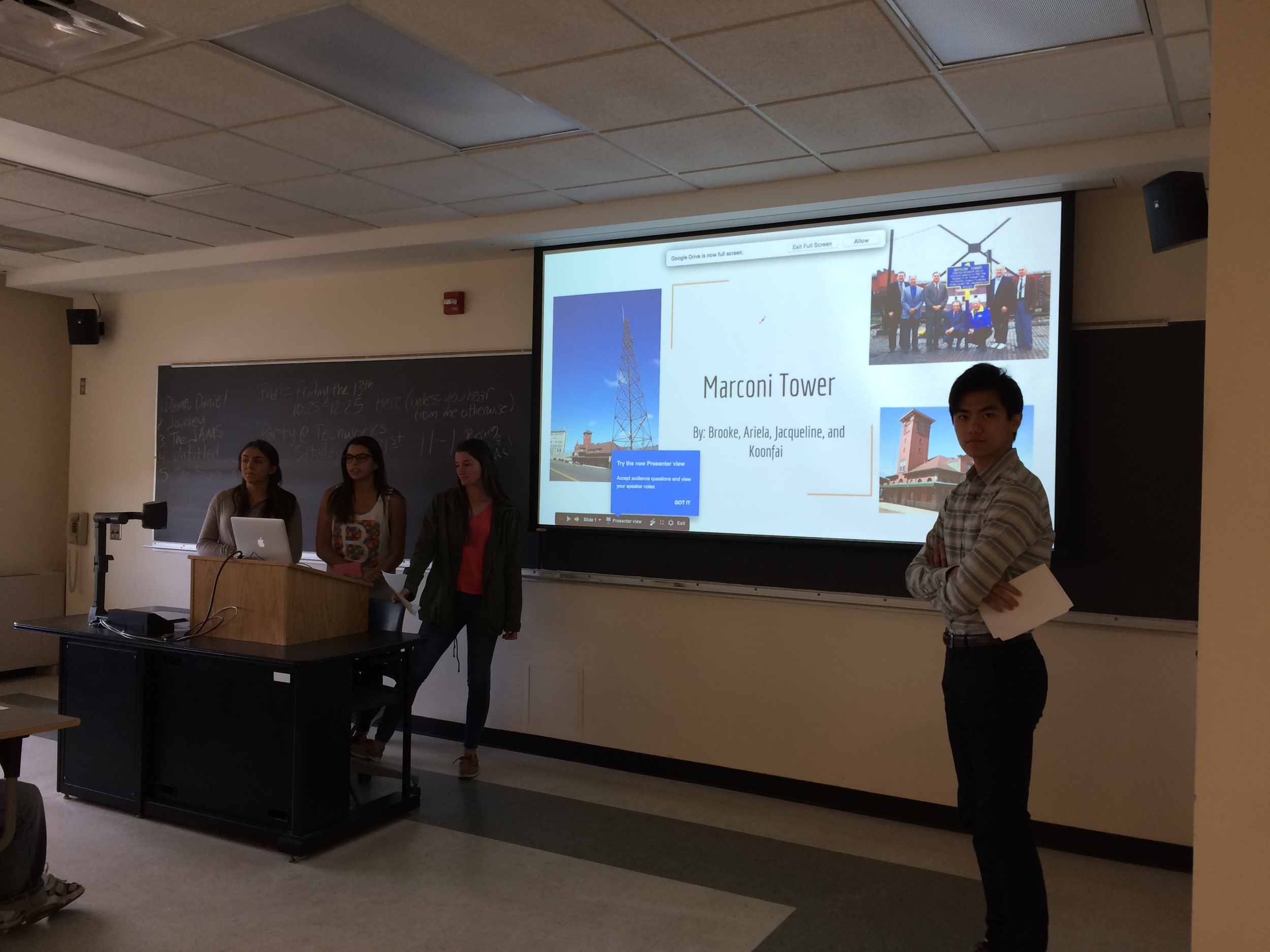 The Marconi Tower Group Sharing Their Research (l-r): Jacqueline Kennedy, Ariela Handler, Brooke Poznak, and Koonfai Xie