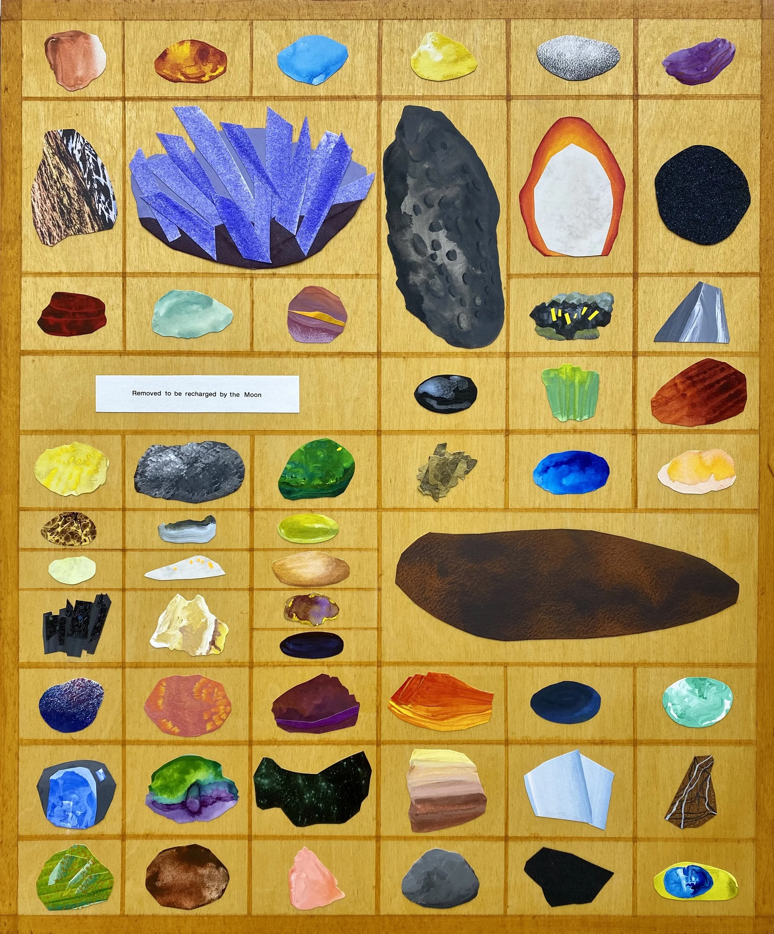  Collector's Rock Box, 2022  Acrylic, decorative paper, metallic fabric, colored pencil, and ink on wood panel  20” x 24” 