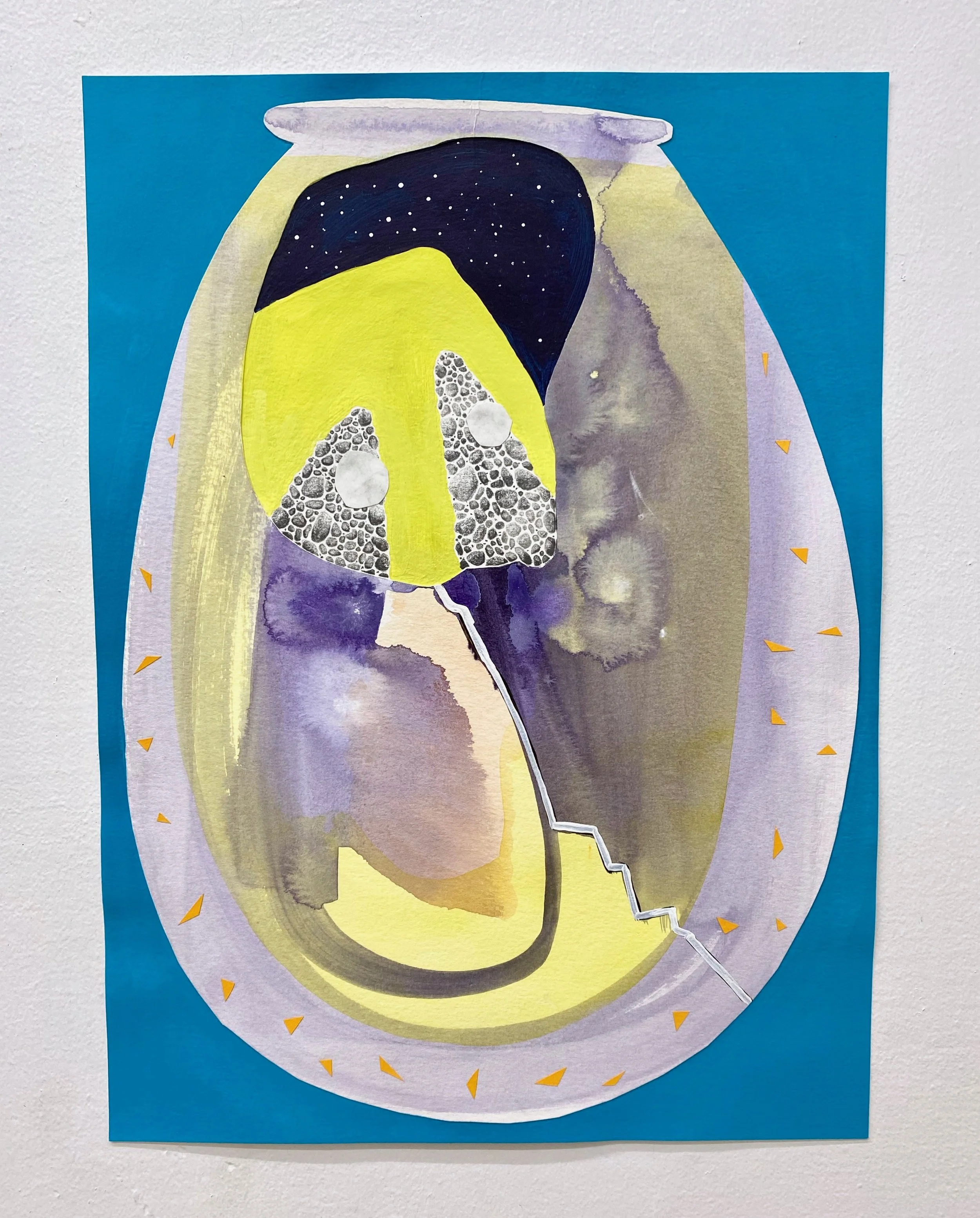 Our fishbowl, Our crystal ball, 2022 Acrylic, decorative paper, graphite pencil, and ink on paper 11” x 14”