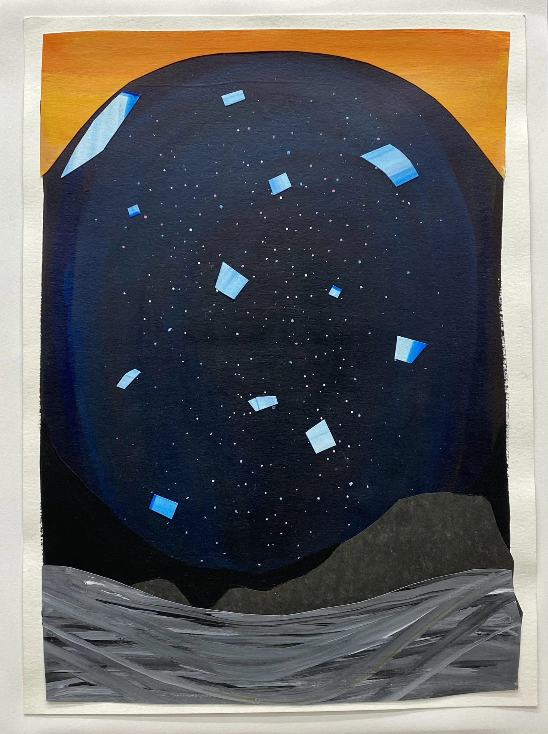 Blue Universe, 2020 Acrylic and decorative paper on paper 12” x 15”