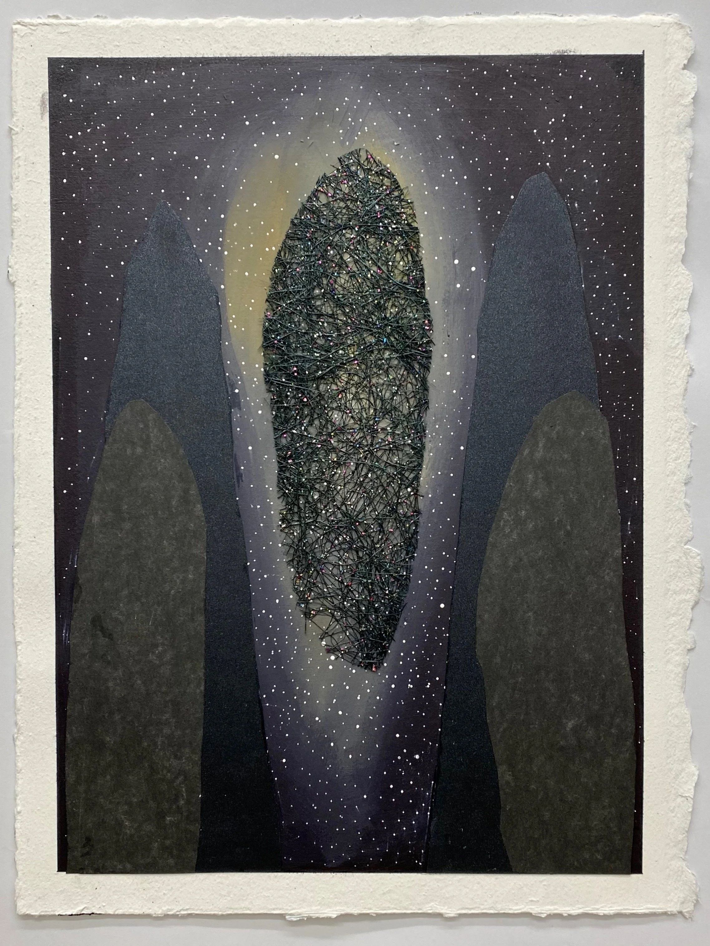 Fear collapses the imagination, 2019 Acrylic, decorative paper, ink on paper 12” x 15”