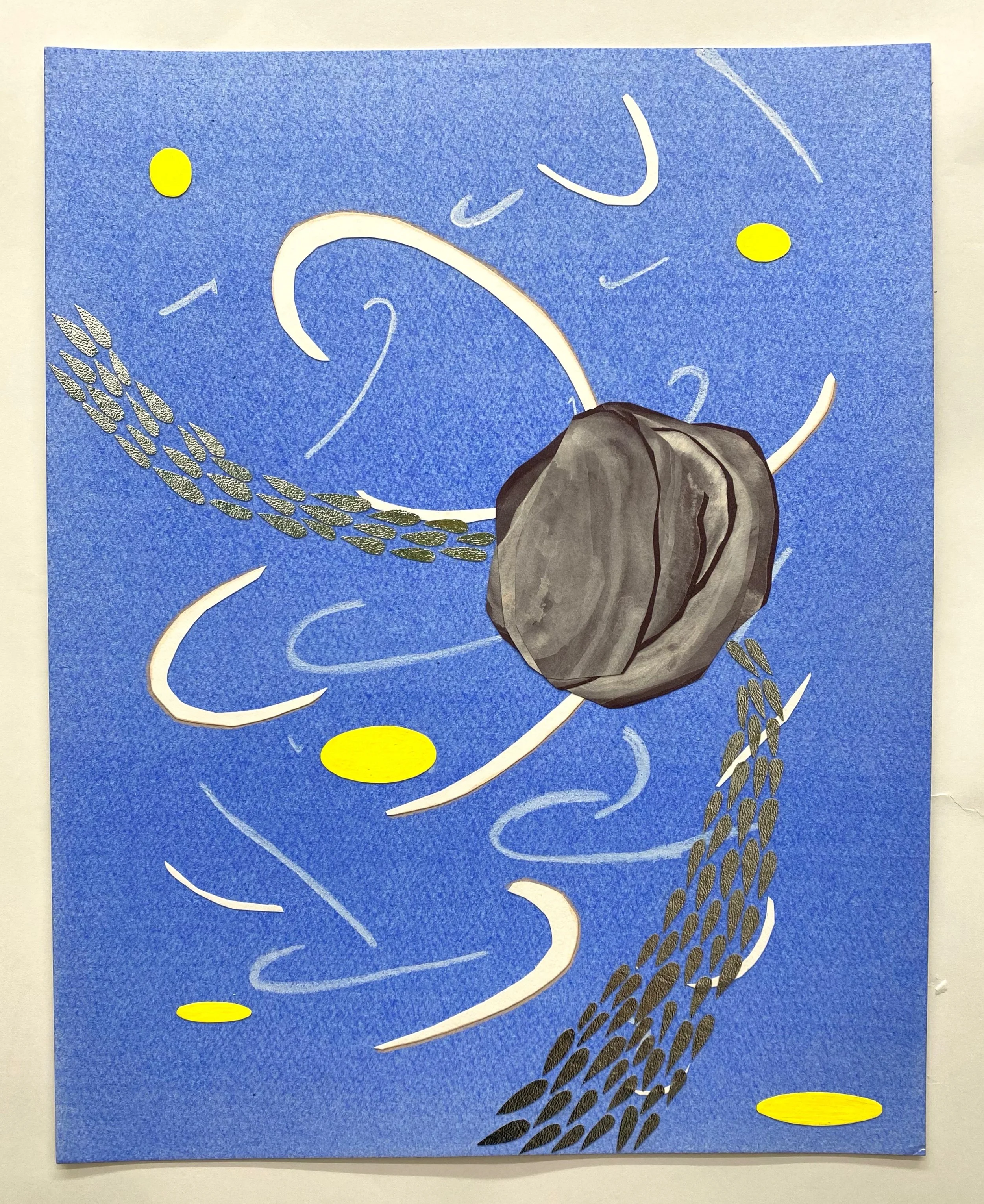 Swimming with Sardines, 2023 Acrylic, colored pencil, and decorative paper on paper 11” x 14”