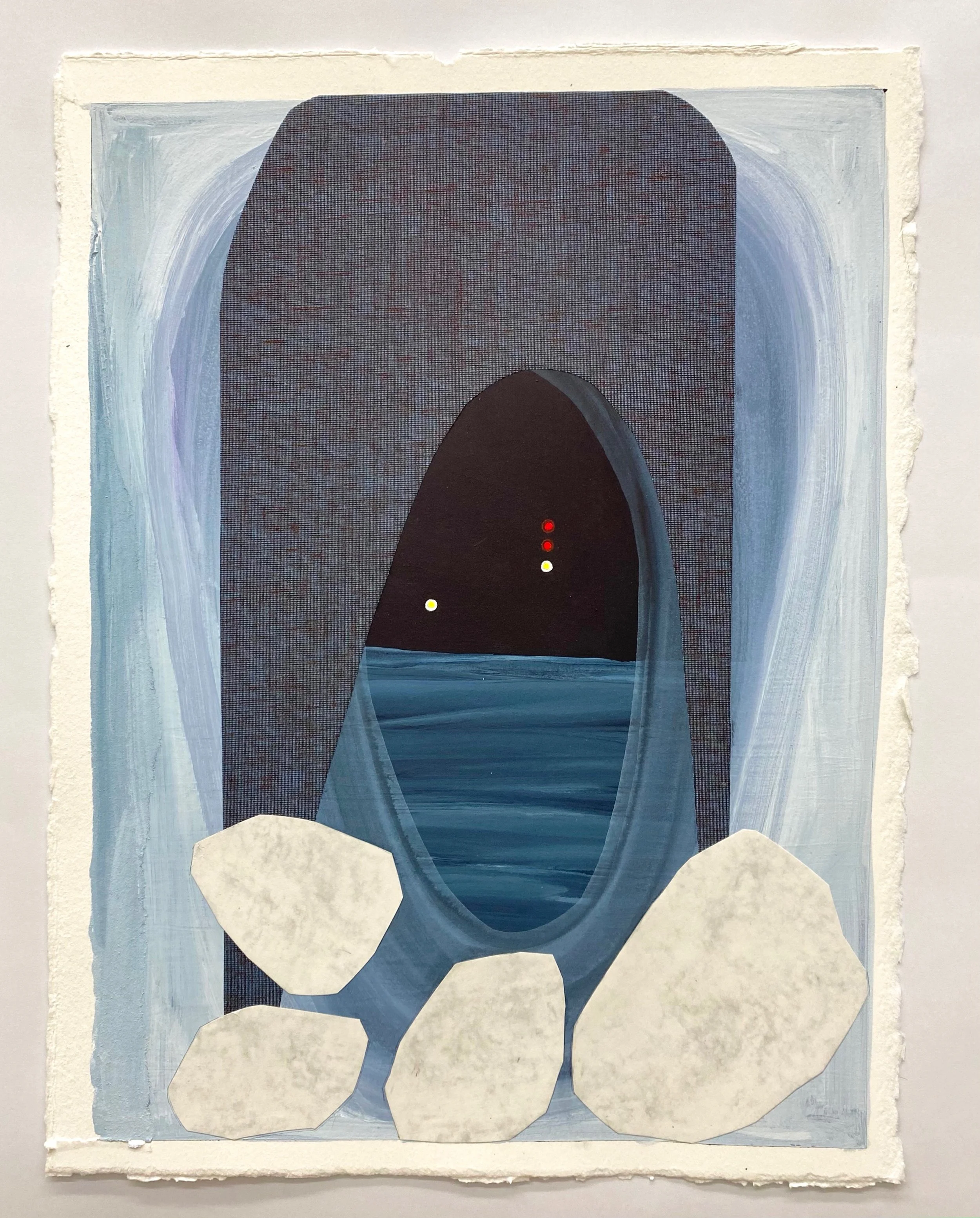 Lost at sea, 2019 Acrylic, decorative paper and ink on paper 12” x 15”