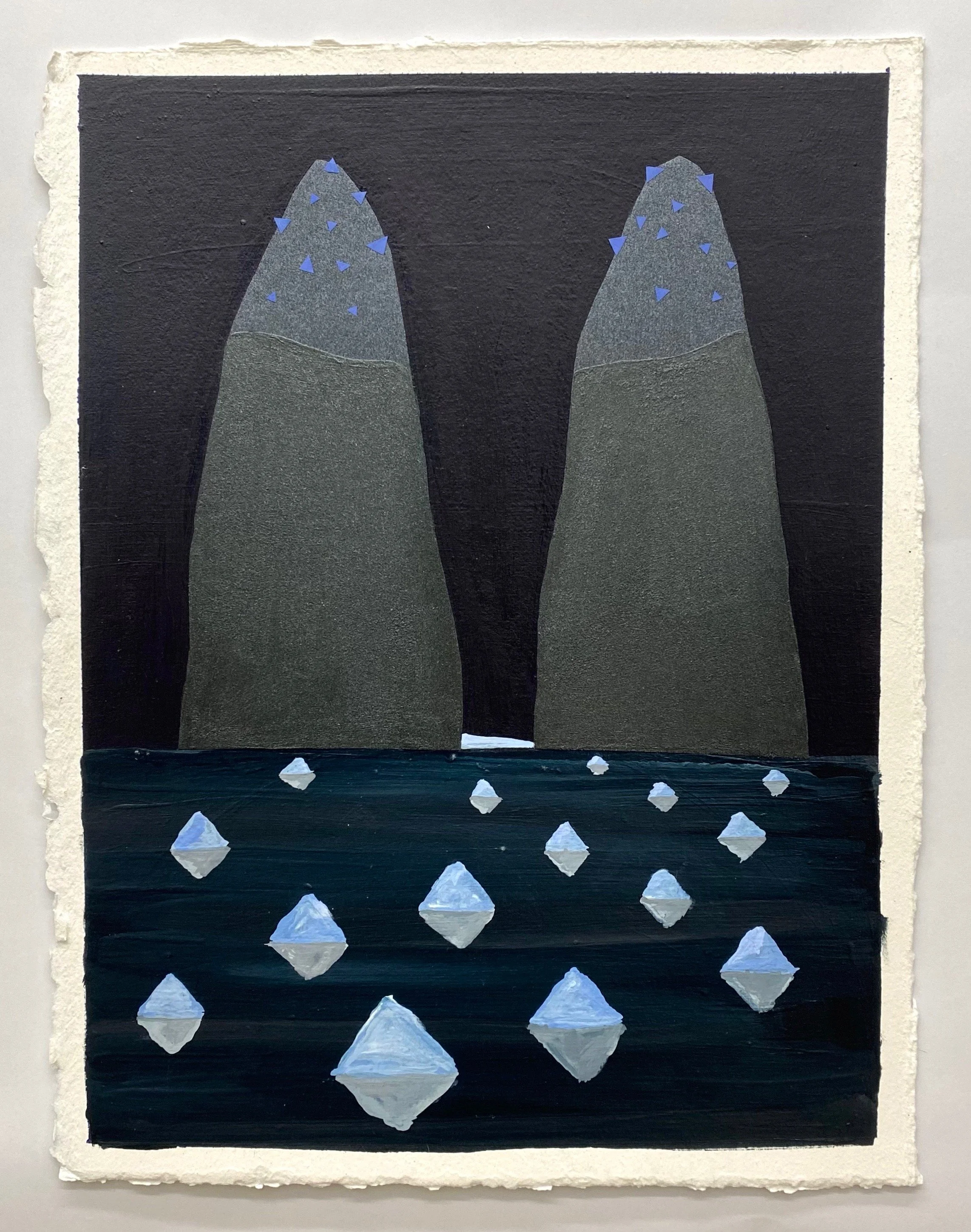 Twin peaks, 2019 Acrylic and decorative paper on paper 12” x 15”