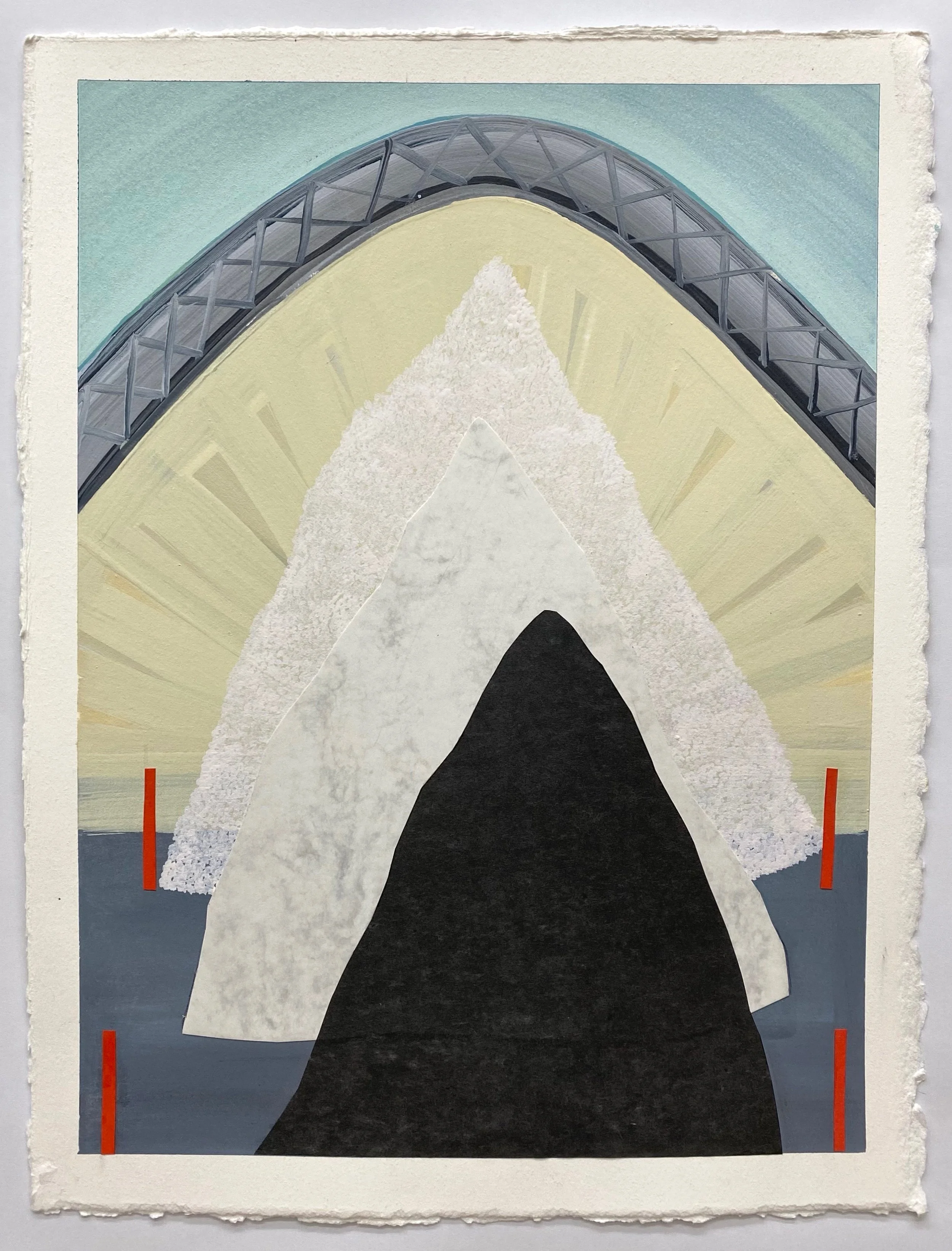 Keeper of the mountain, 2019 Acrylic, and decorative paper on paper 12” x 15”