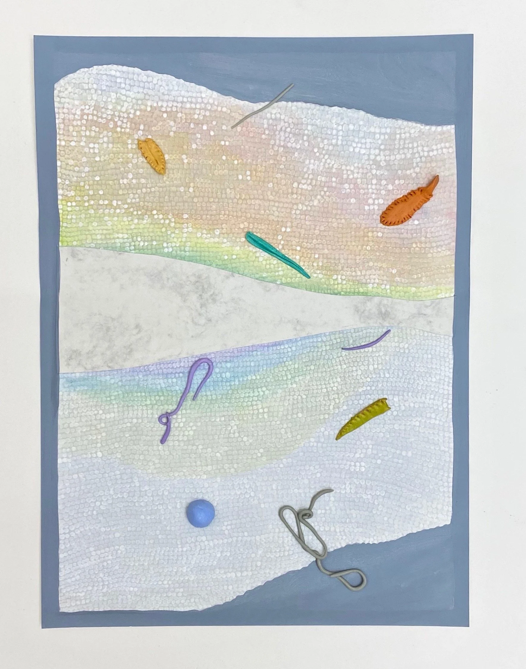 Candy biota, 2023 Acrylic, epoxy clay, decorative paper on paper 11” x 14”