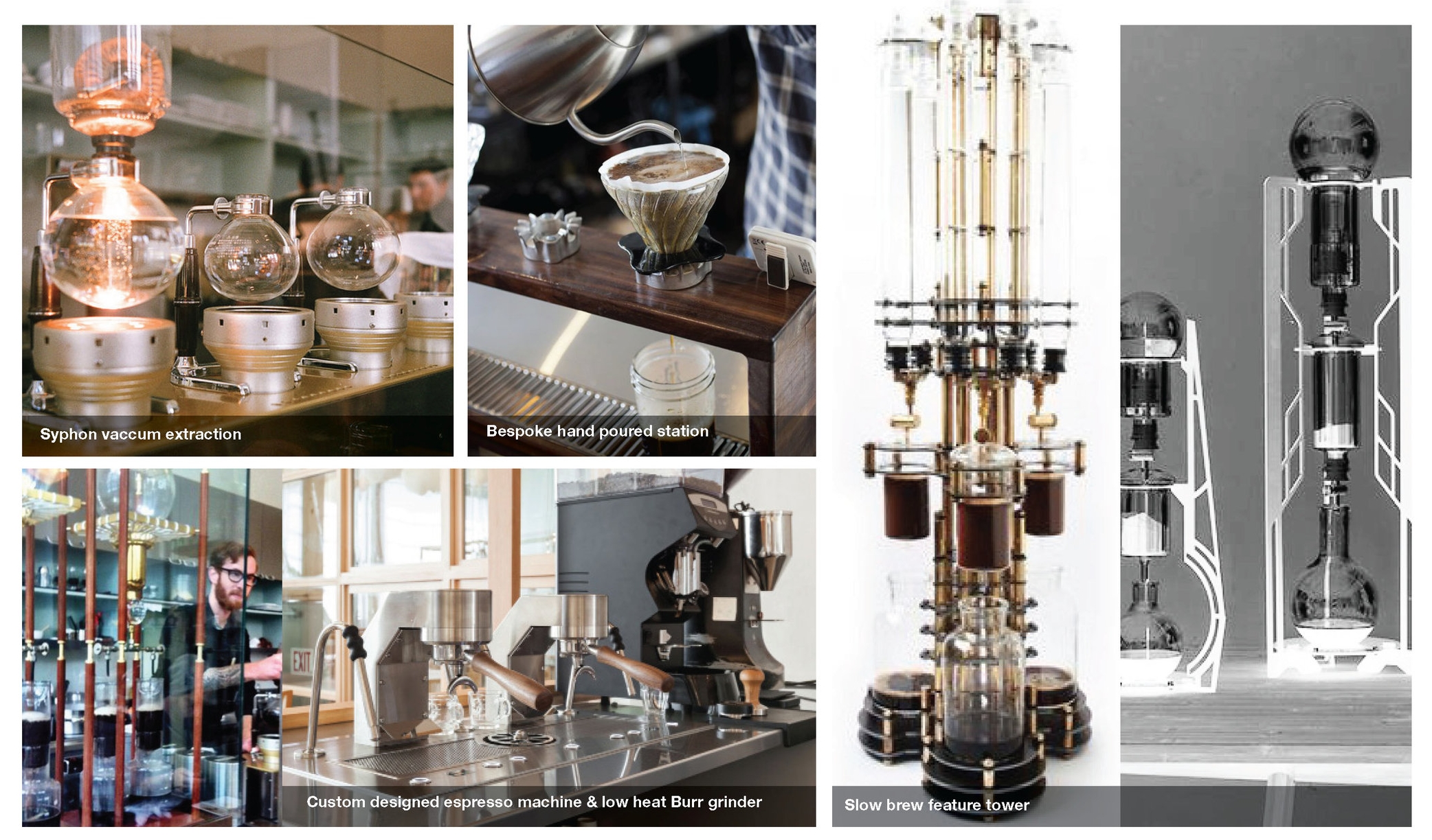 Research: Coffee theatre barista station to include slow brew, vacuum extraction, under counter mounted espresso machine and hand poured blended coffee drinks...