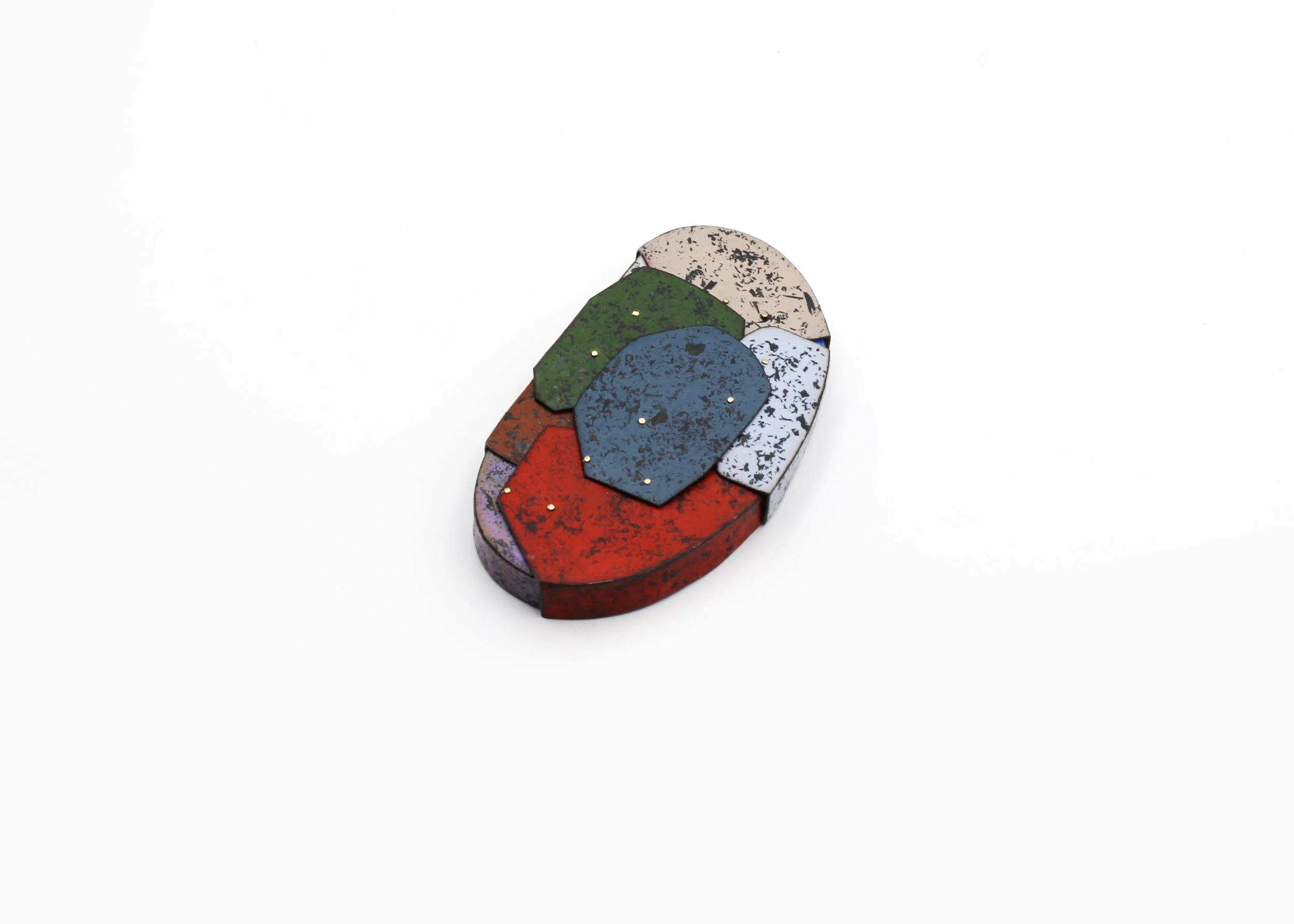 COLLAGE 12 BROOCH (2018)COPPER, STEEL, STERLING SILVER, VITREOUS ENAMEL, 18KT GOLD