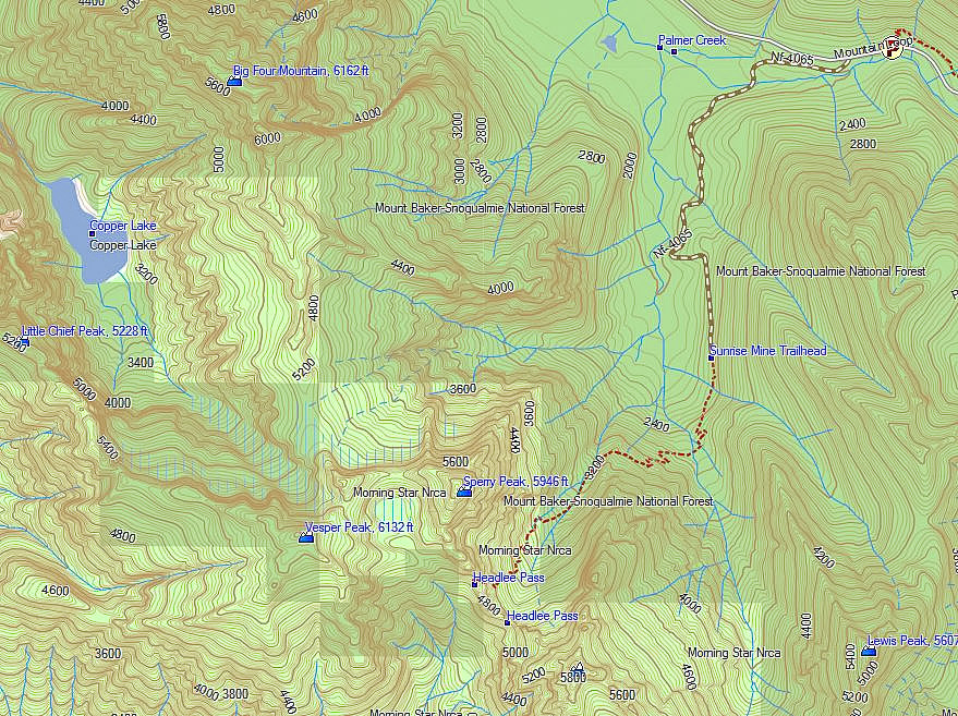 Reach Vesper Peak from Sunrise Mine trailhead, through Headlee Pass