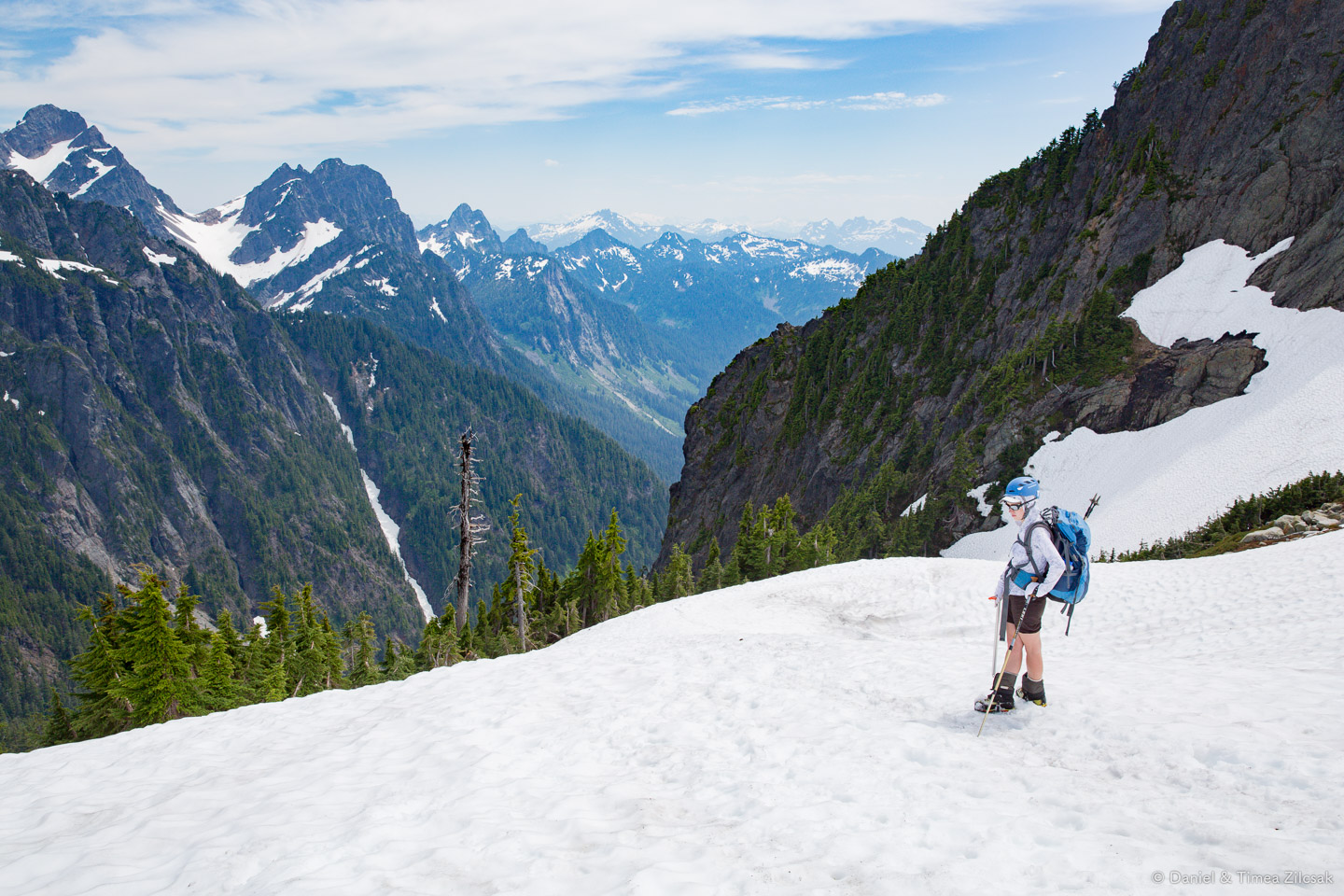 Looking back toward the valley and the craggy peaks all around us