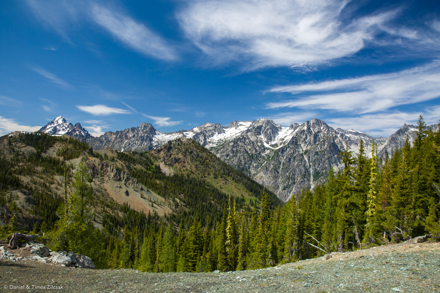 View of the Enchantments peaks in the Stuart Range from Navaho Pass, Little Annapurna is straight in the middle and Mount Stuart is the leftmost peak