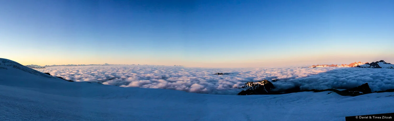 Panorama view from lower Easton Glacier, Mount Baker - Park Bute at the bottom right