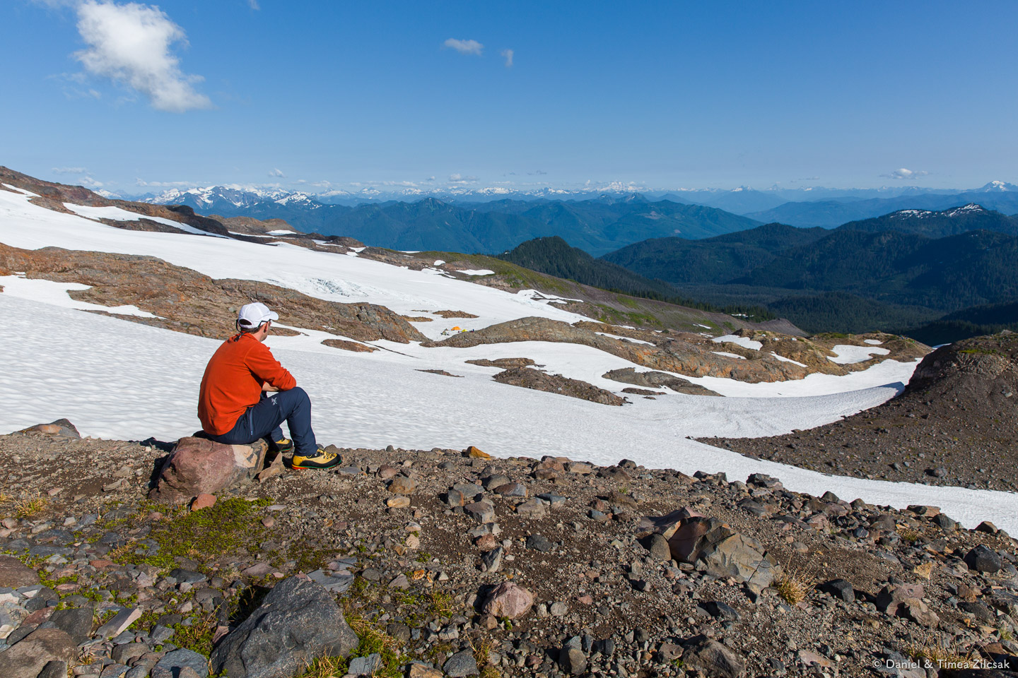 Exploring around base camp, Mount Baker: our camp on the other side of the snow field