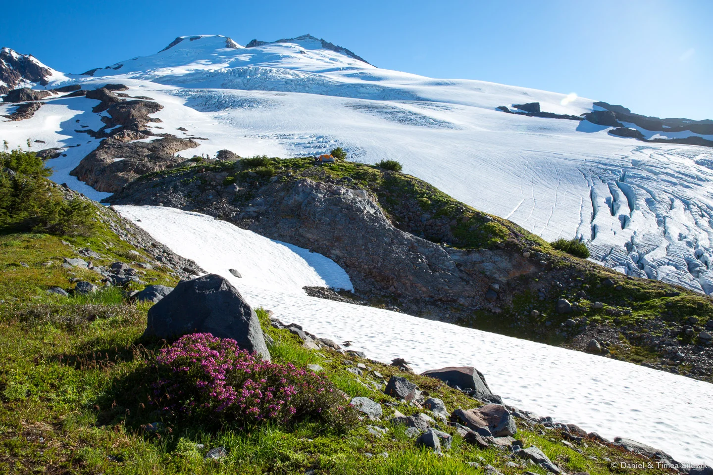 Looking back towards Mt Baker, the Easton Glacier route, and the base camp area