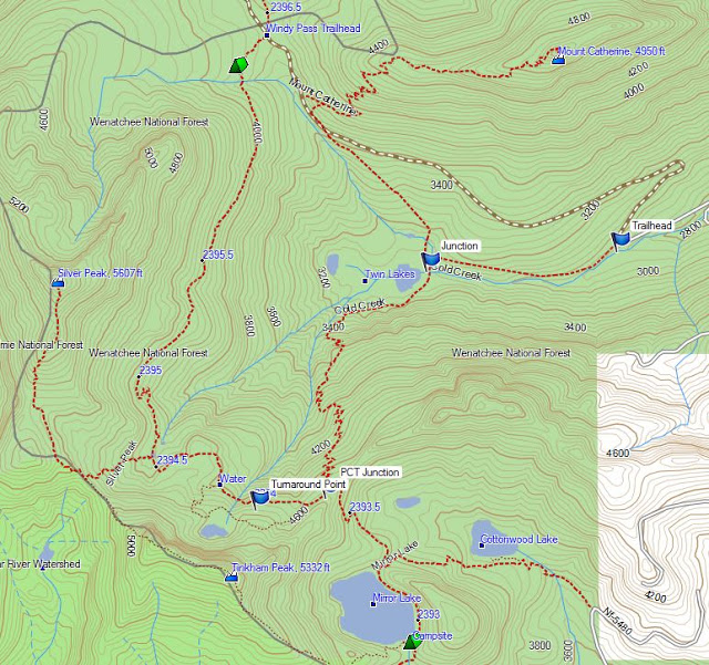 Map of our attempt to reach Silver Peak via Cold Creek trail