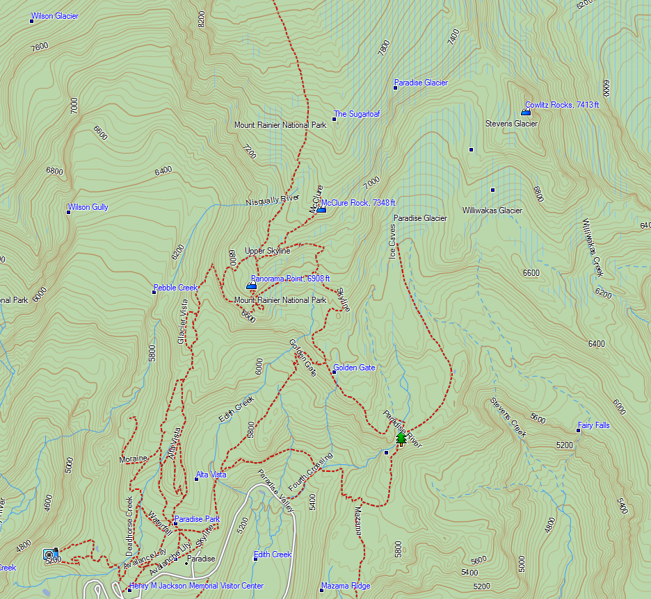 Map of Cowlitz Rocks (top-right), Paradise (lower-left)