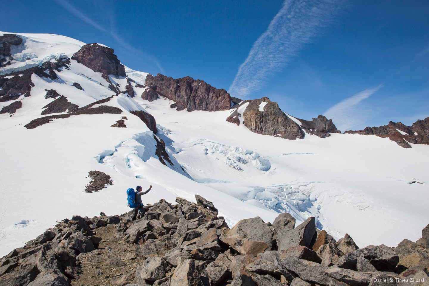 John taking a photo of the Cowlitz Glacier, to the east of Anvil Rock
