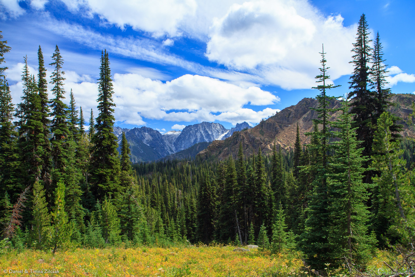 Above Lake Caroline, the Enchantment peaks in the distance
