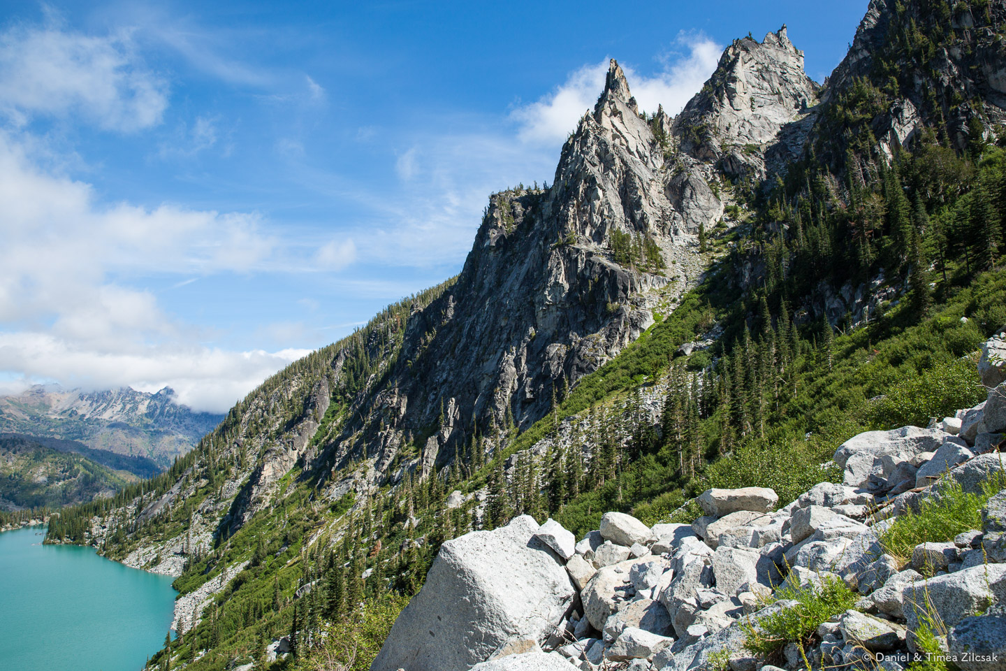 View of Colchuck Lake and mountains around it from half way up Aasgard Pass, The Enchantments