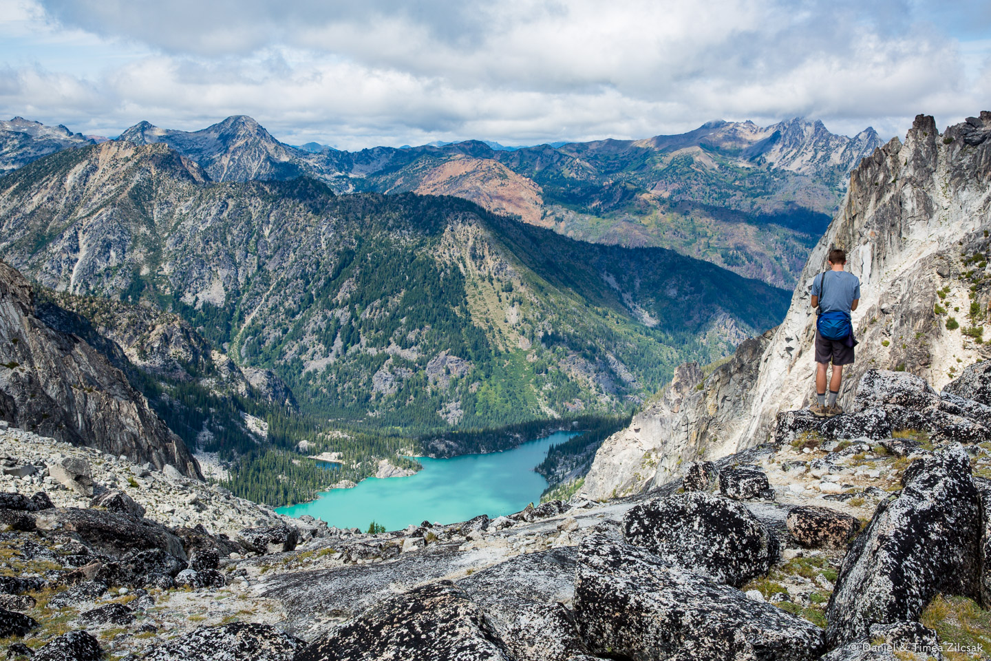 View of Colchuck Lake and mountains around it from the top of 7600 ft. Aasgard Pass, The Enchantments