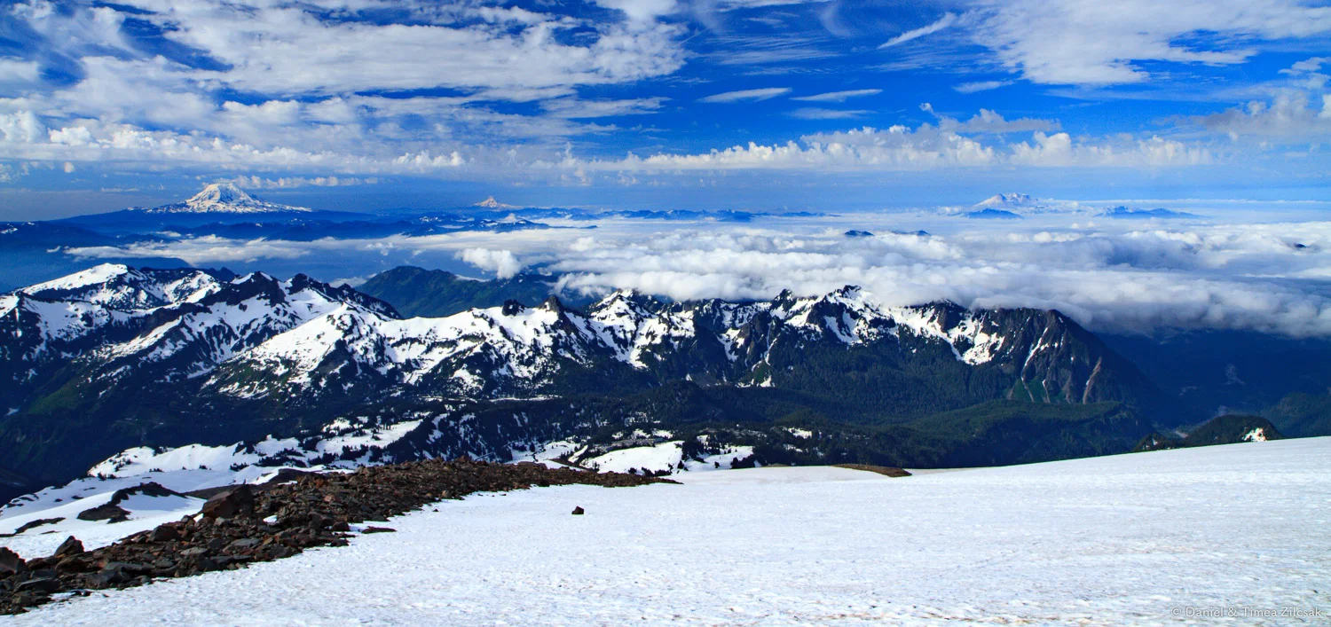 Mount Adams (left), Mount Hood (center) and Mount St. Helens (right)