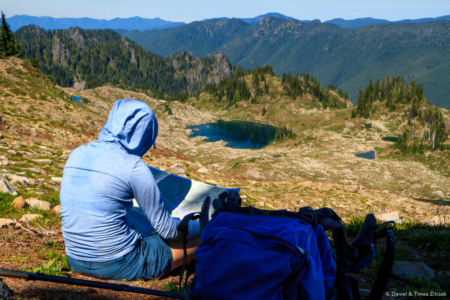 Checking the map after lunch, with Seven Lakes Basin in front of us