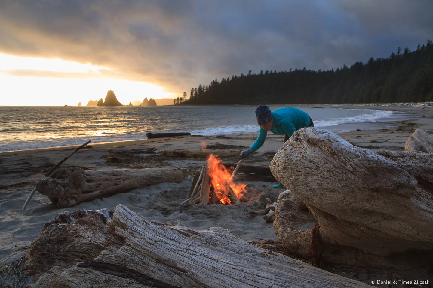 Building a fire and watching the sunset on the beach at Toleak Point, South Coast Wilderness Trail, Olympic Peninsula