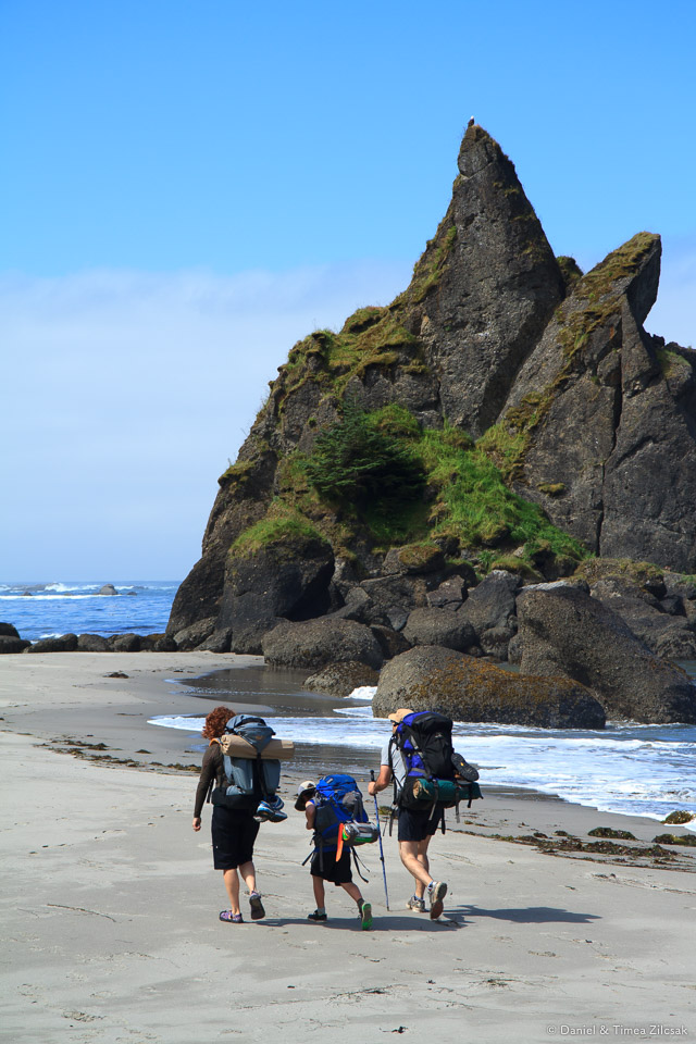 Family of hikers being watched by a bald eagle from high atop the rocks