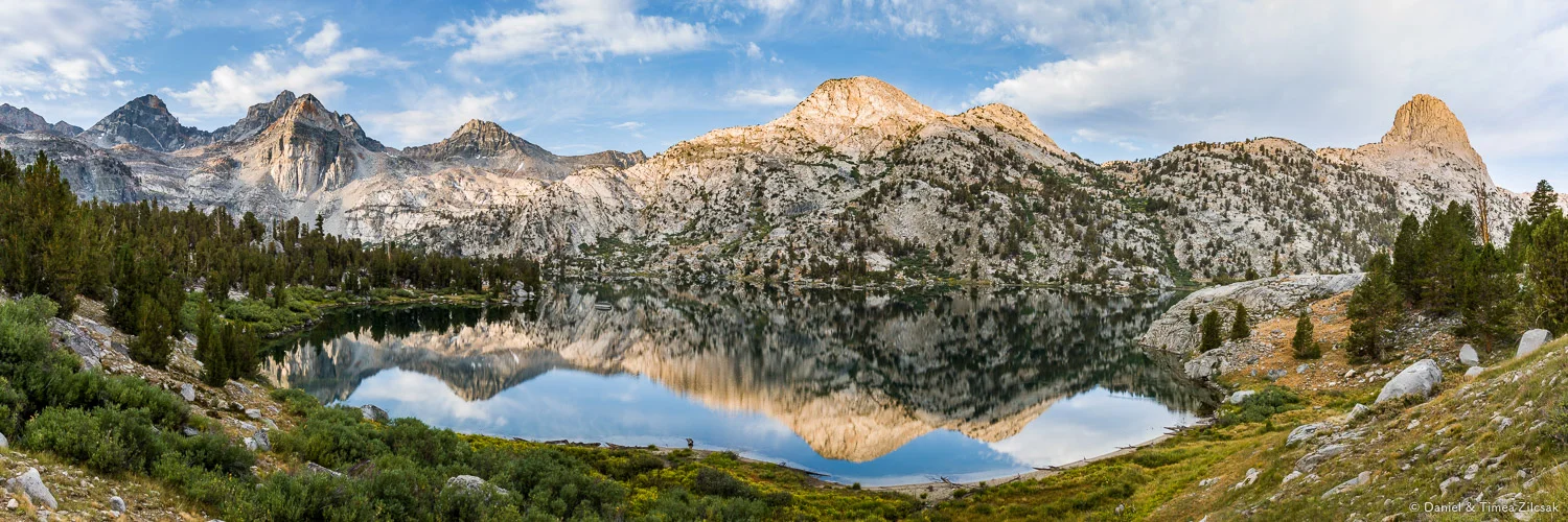 Panoramic view of Rae Lakes with Painted Lady to the left and Fin Dome to the right