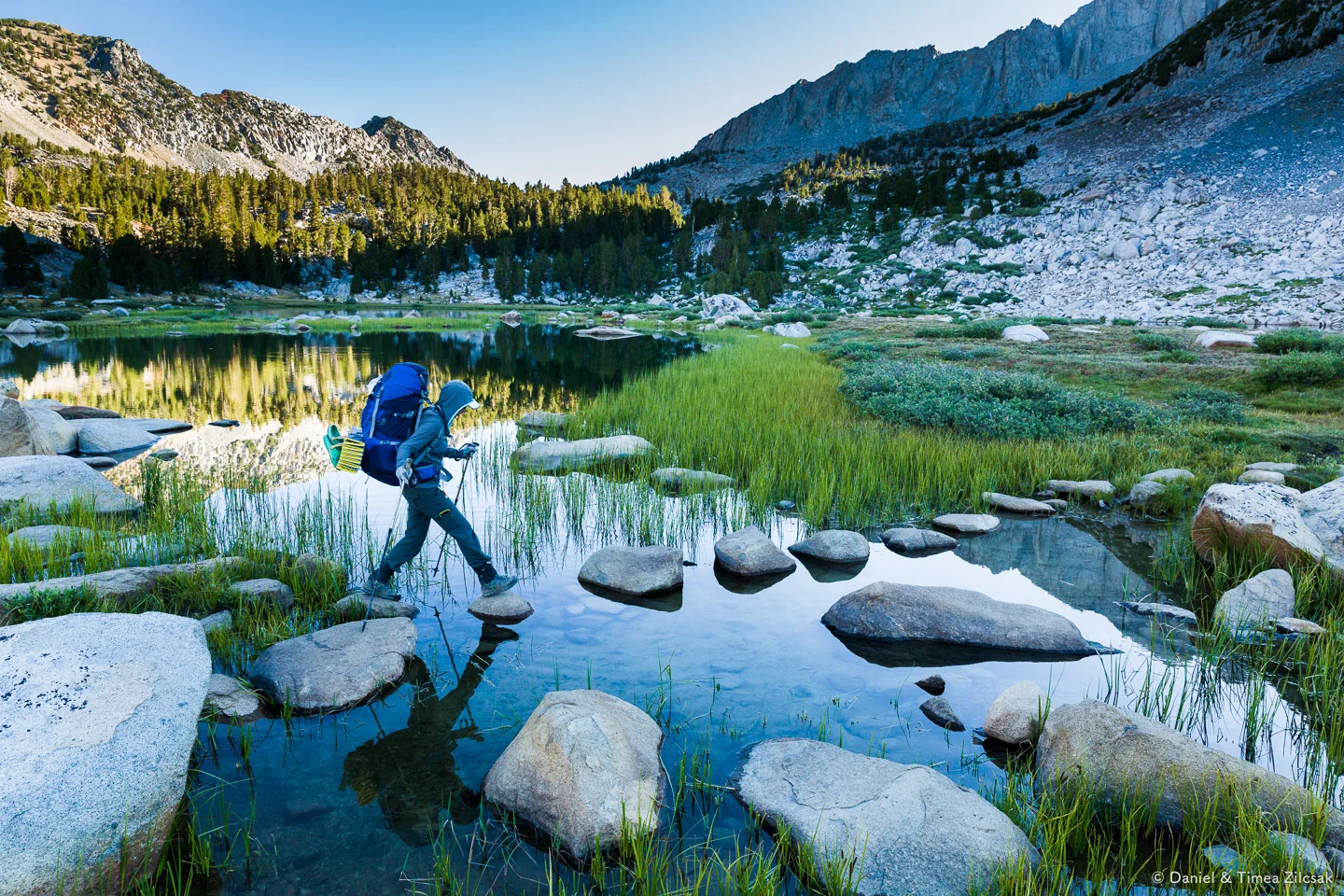 Rock hopping early in the morning near Lake Virginia, John Muir Trail