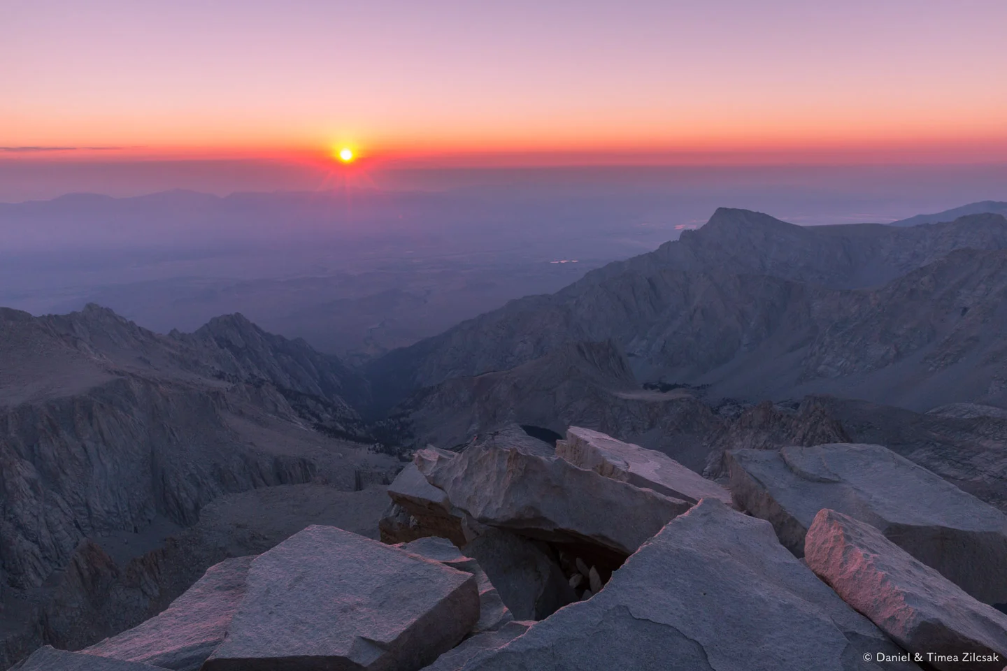 Spectacular sunrise from the top of Mount Whitney, John Muir Trai