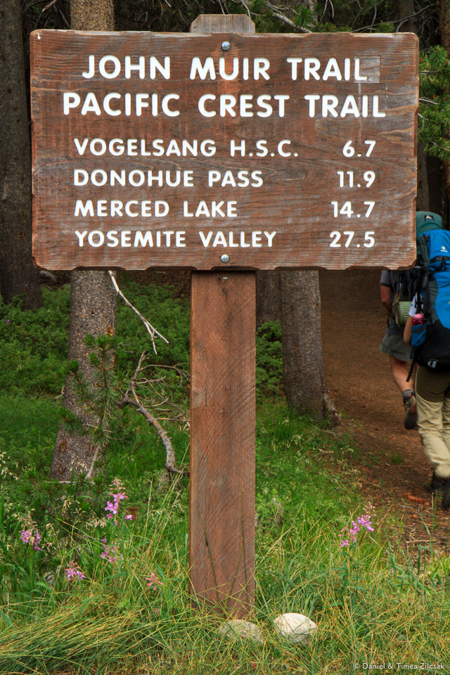John Muir Trail sign near Tuolumne Meadows Lodge- Backpacking Yosemite