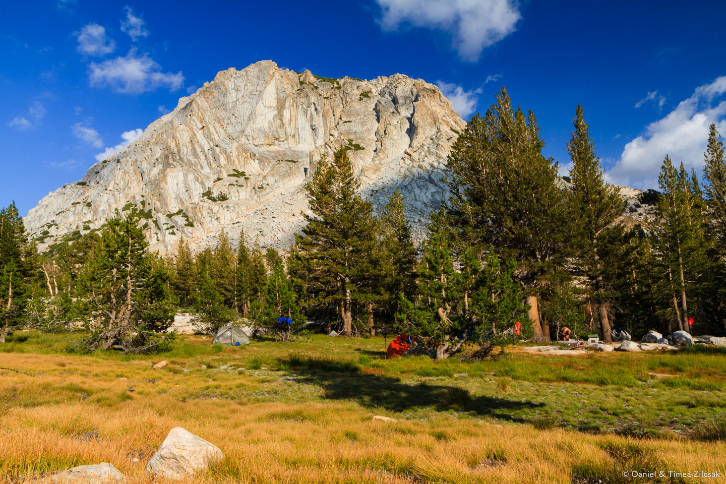 Our camp at Vogelsang High Sierra Camp bathed in warm sunset rays - Backpacking Yosemite
