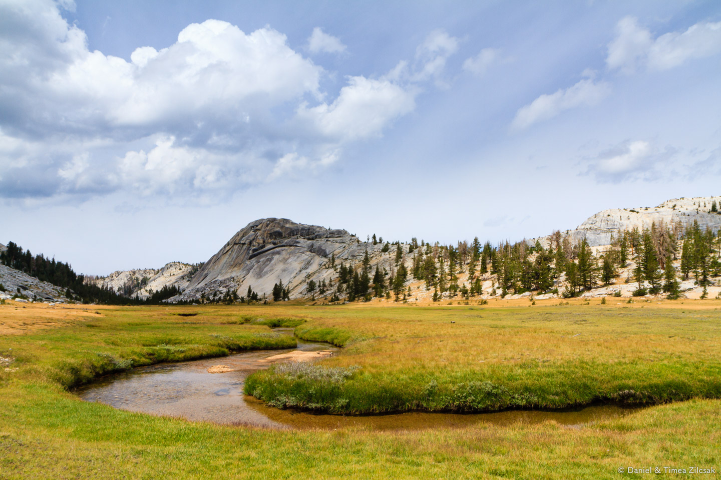 Backpacking across a beautiful meadow on our way to Merced Lake,