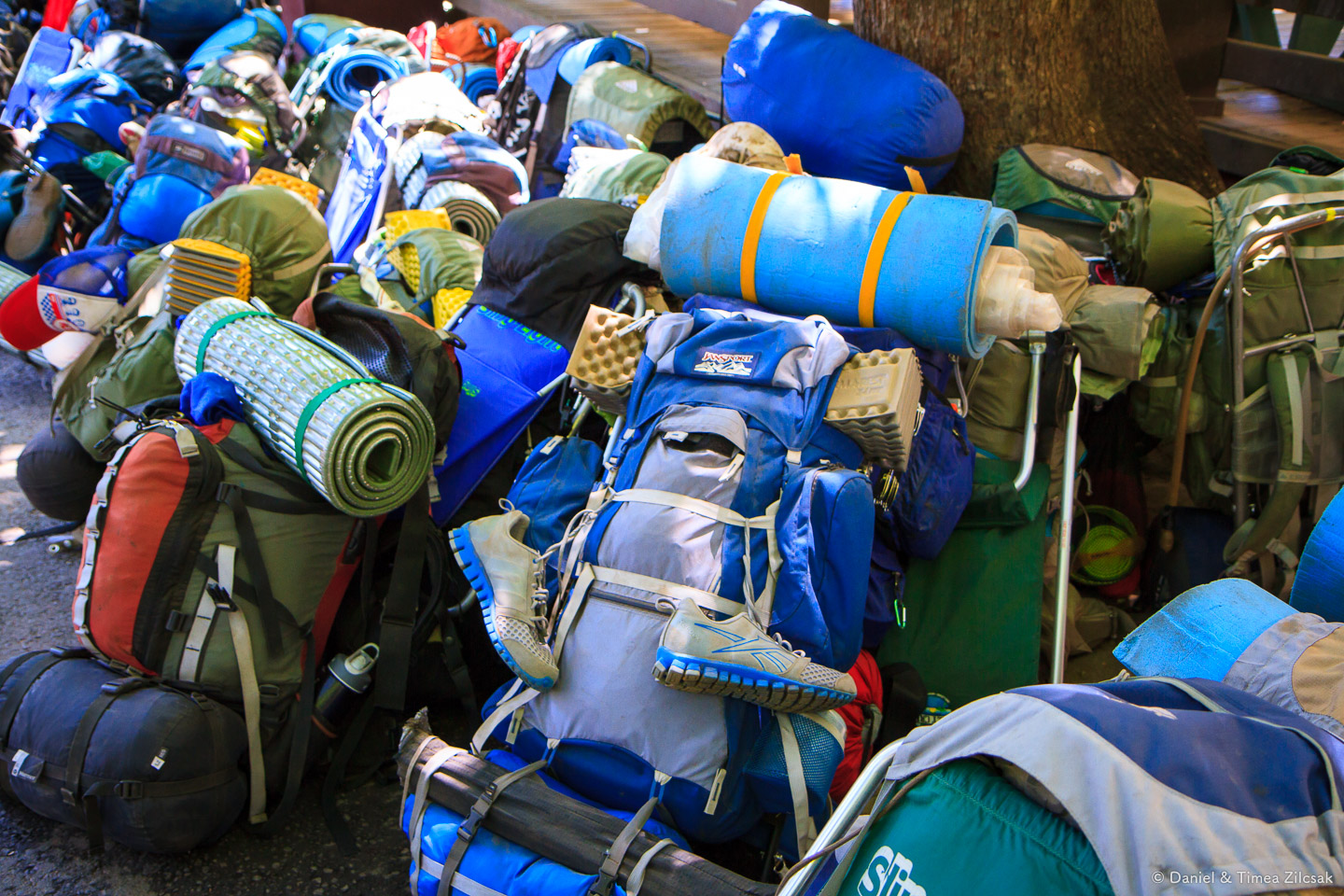 A group of teenagers' backpacks before their hike, Yosemite National Park