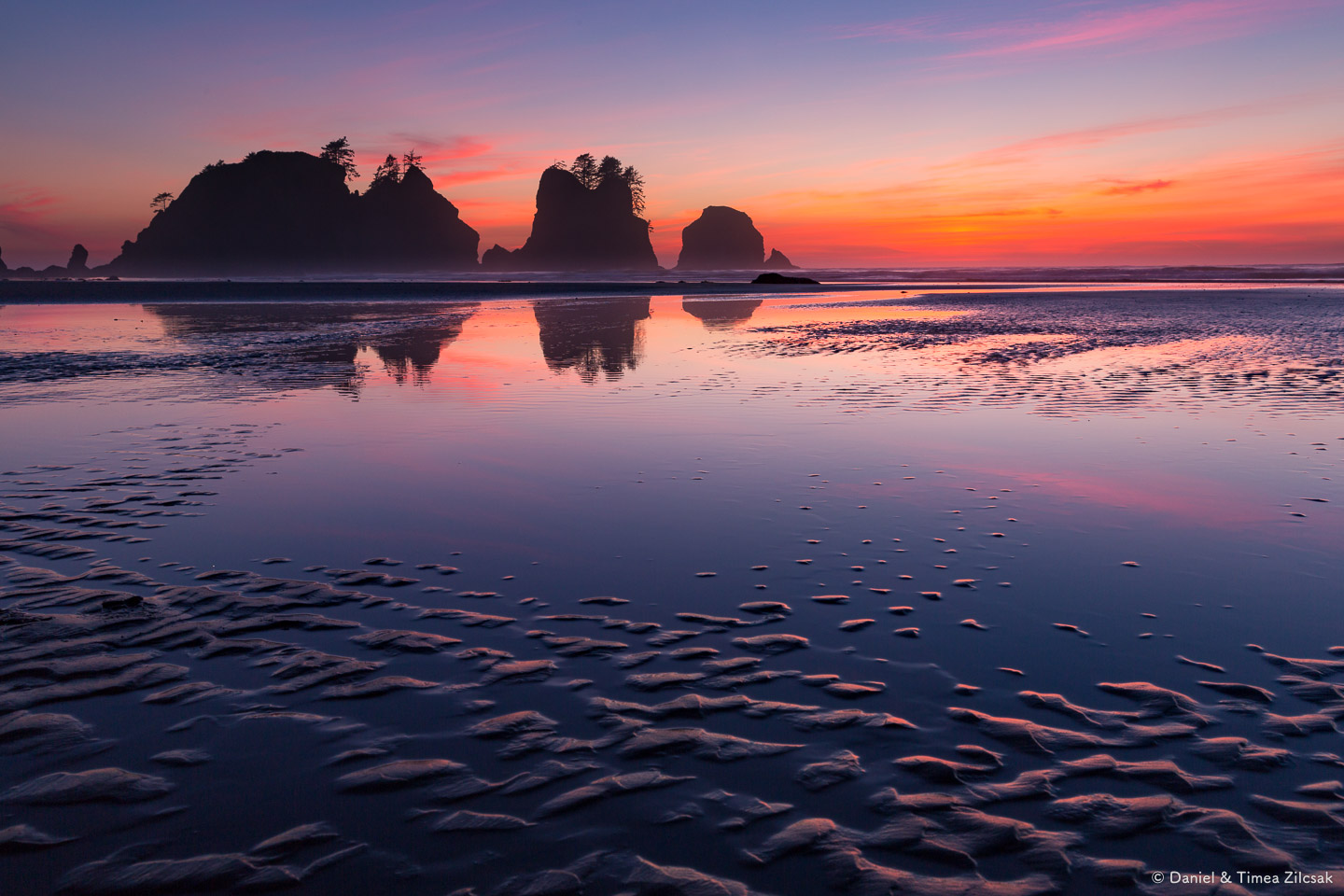 A surreal sunset reflection at Shi Shi Beach