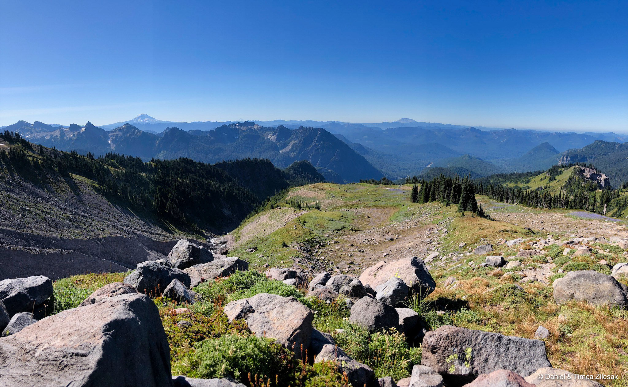Lunch spot at Van Trump Park with views of the Tatoosh Range, Mount Adams and St. Helens