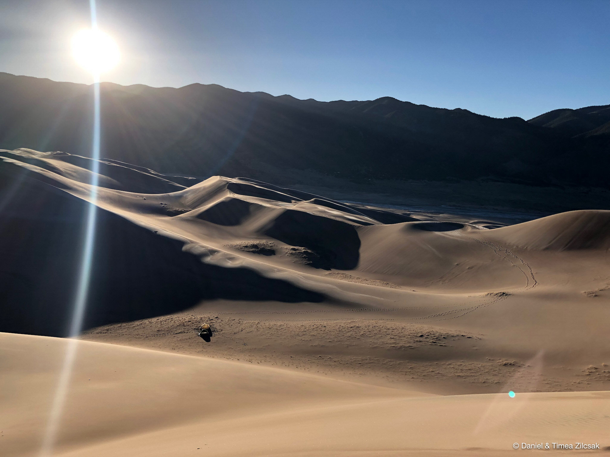 Sunrise over the Great Sand Dunes, and a happy camper!