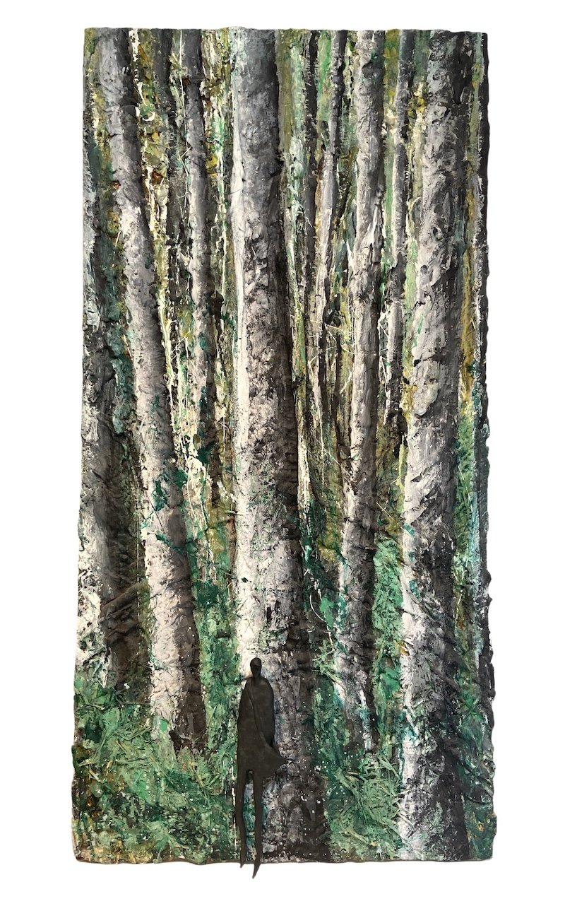 between birches / green with sculpture