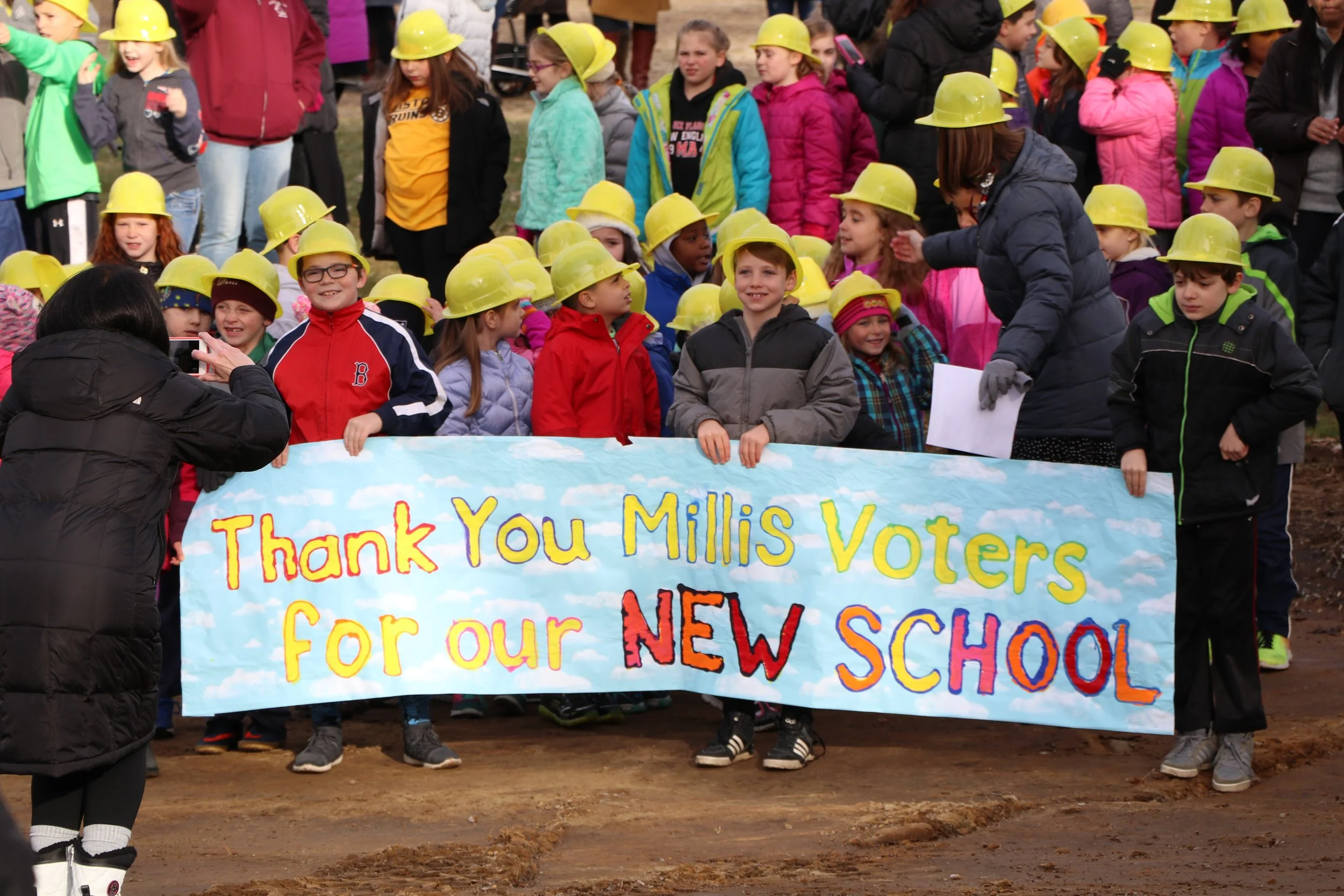 Millis Elementary students pose for groundbreaking photo
