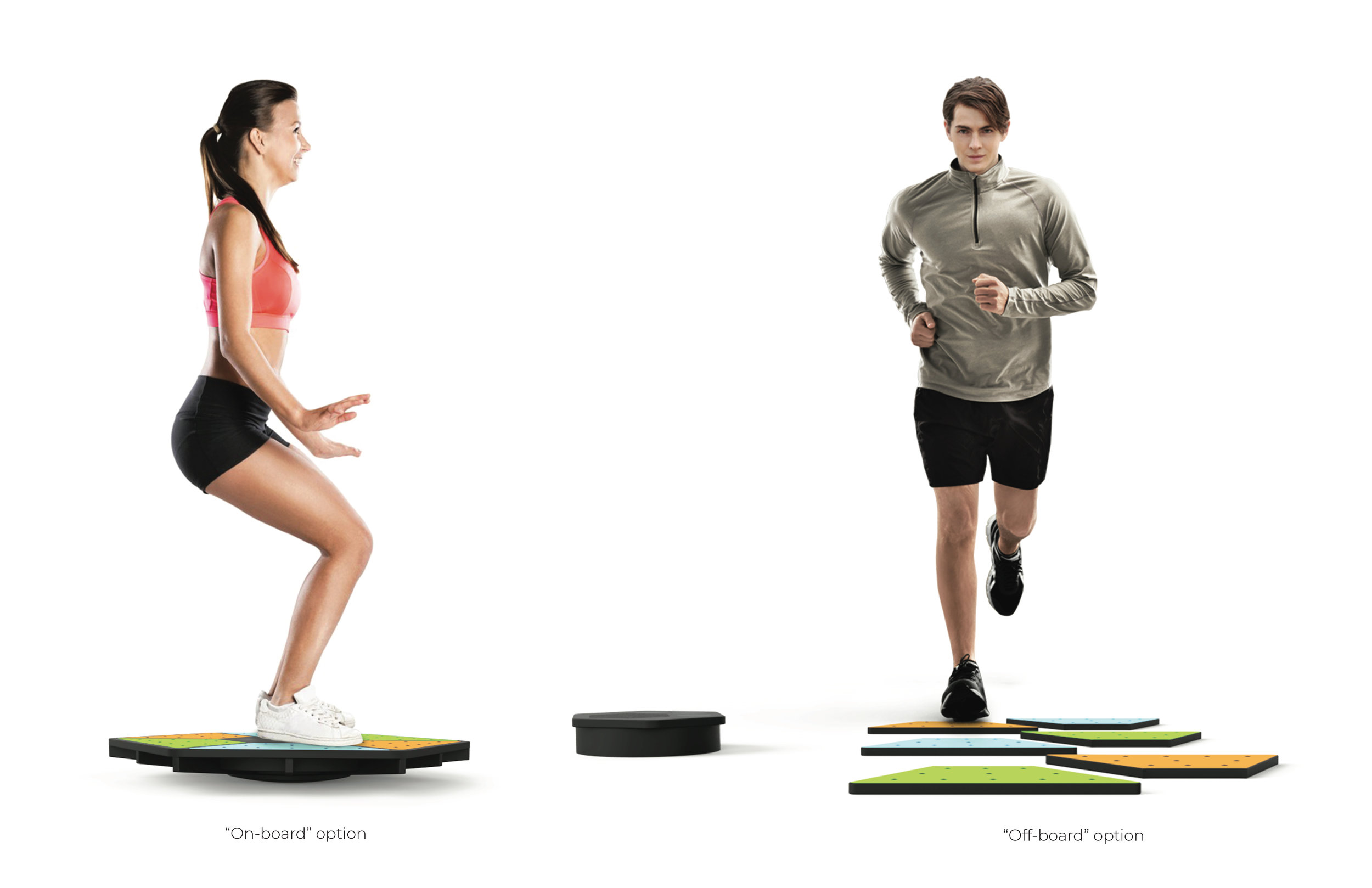One can see the context shot of the multi-axis, modular balance board displaying both settings. One displays “on-board” balancing exercises, where the user has to follow the instructors actions, and if they fail to stay in sync with their movement, the music will distort. The other displays the “off-board”, stepping-based exercises, where the user must also follow the instructors actions or the music would distort as well.