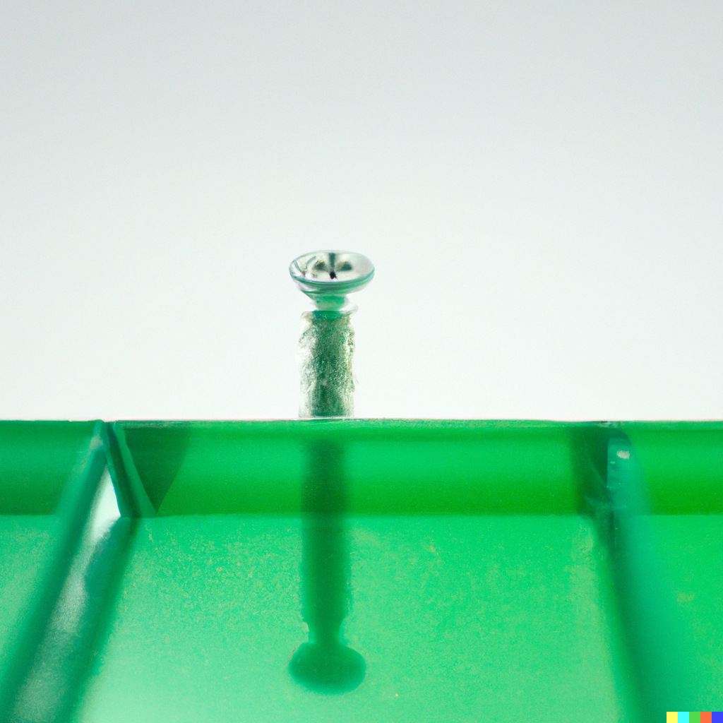 DALL·E 2023-10-07 14.26.41 - a 35mm macro photography of a screw in between two green translucent plexi squares that are on a white table top. .png