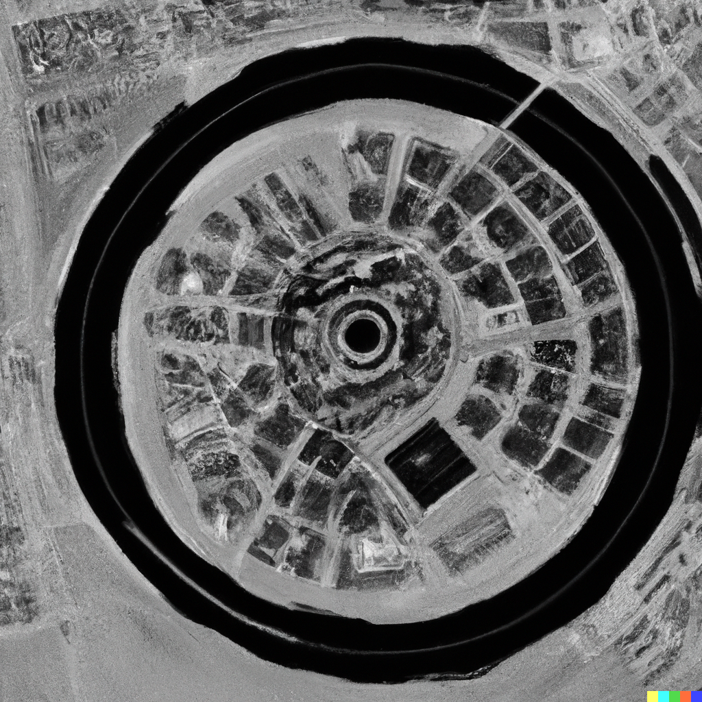 DALL·E 2023-10-07 14.21.58 - a black and white analog style google earth image of a concentric city with an oasis in the middle.png