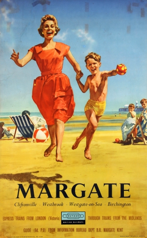  Woman and young boy leap towards the viewer, hand-in-hand on a beach. Blue and white striped deckchairs with other family members in the background. Image Credit: Southern Region of British Railways and printed by Ernest J. Day &amp; Co Ltd., London