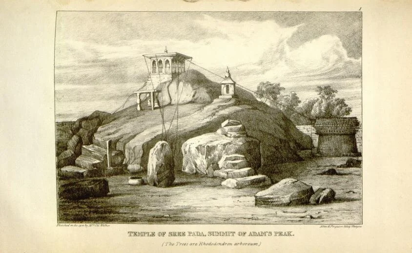 Lithograph of Temple of Sree Pada, Summit of Adam’s Peak, sketched on the spot by Mrs. Col. Walker, published 1835 (Biodiversity Heritage Library | Public Domain)