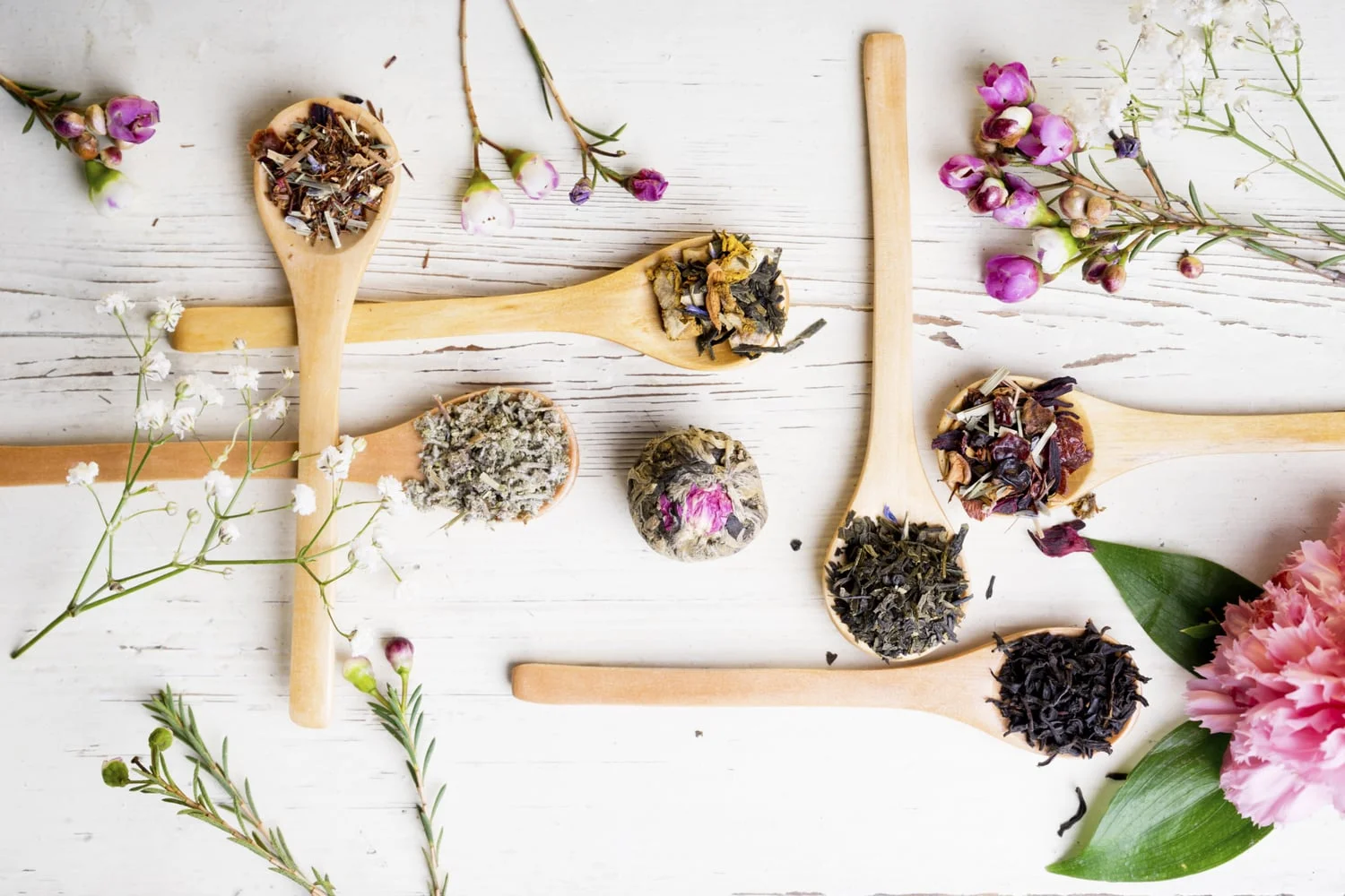 Wooden spoons with assorted dried teas and herbs on a white surface, surrounded by small flower sprigs.
